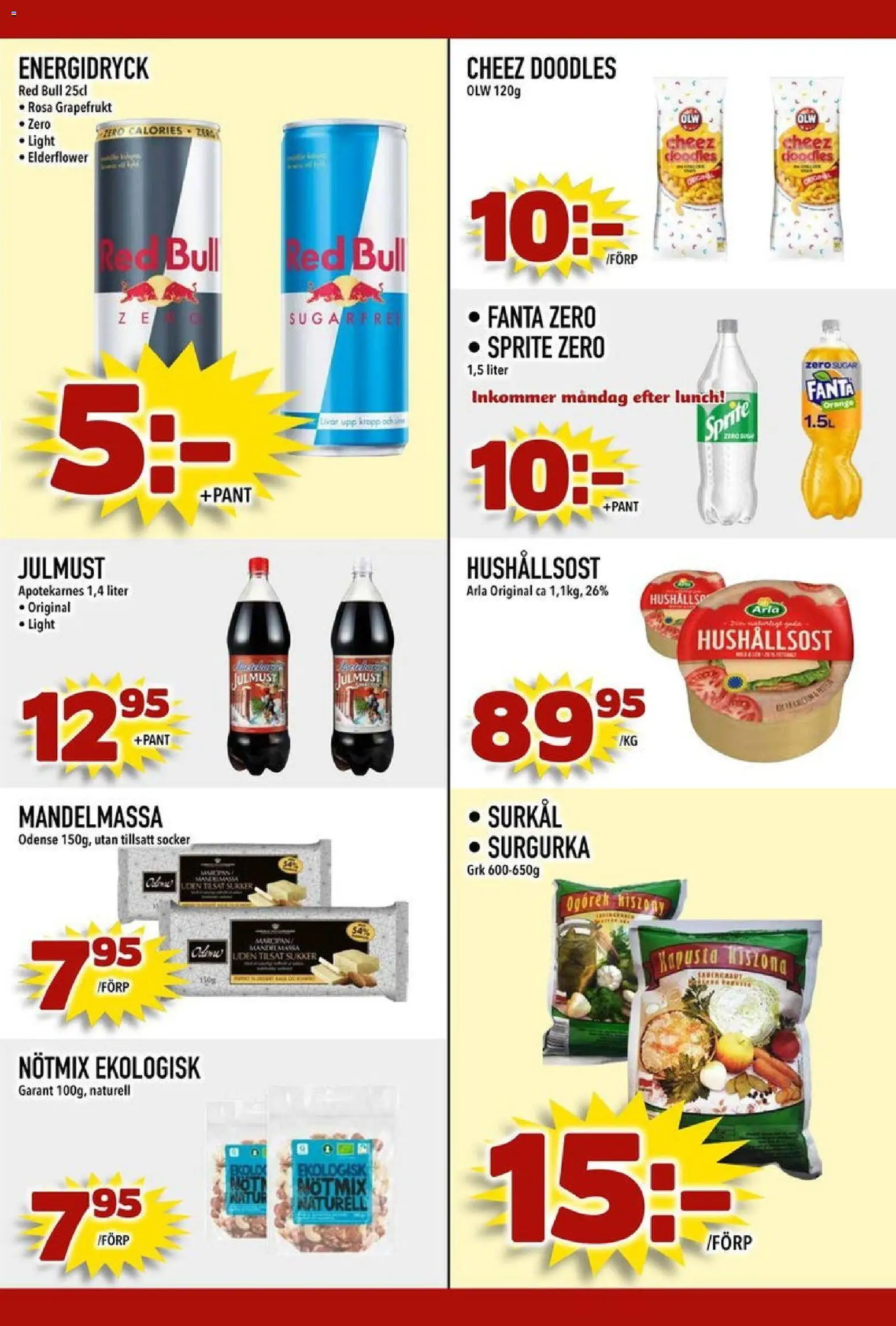 Din Mat reklamblad aktuell från 15.12.2025 | Sida: 5 | Produkter: Red bull, Hushållsost, Fanta, Sprite