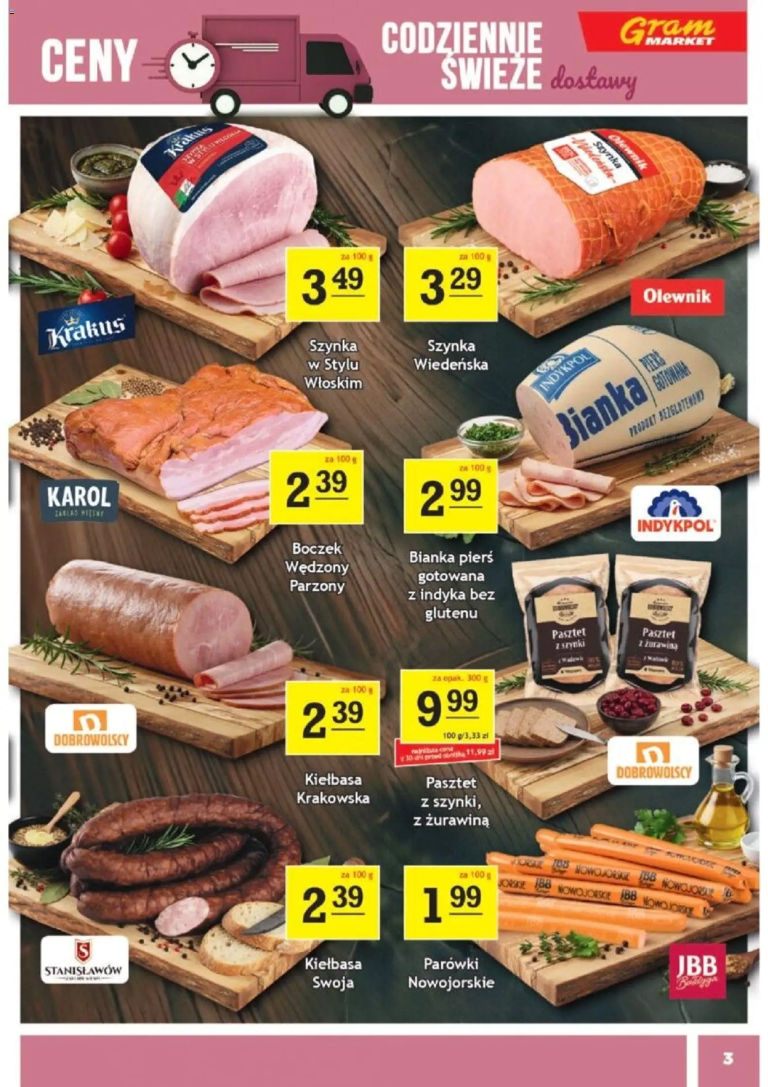 Gram Market Gazetka od 18.02.2026 | Strona: 3 | Produkty: Kiełbasa, Boczek wędzony, Boczek, Żurawina