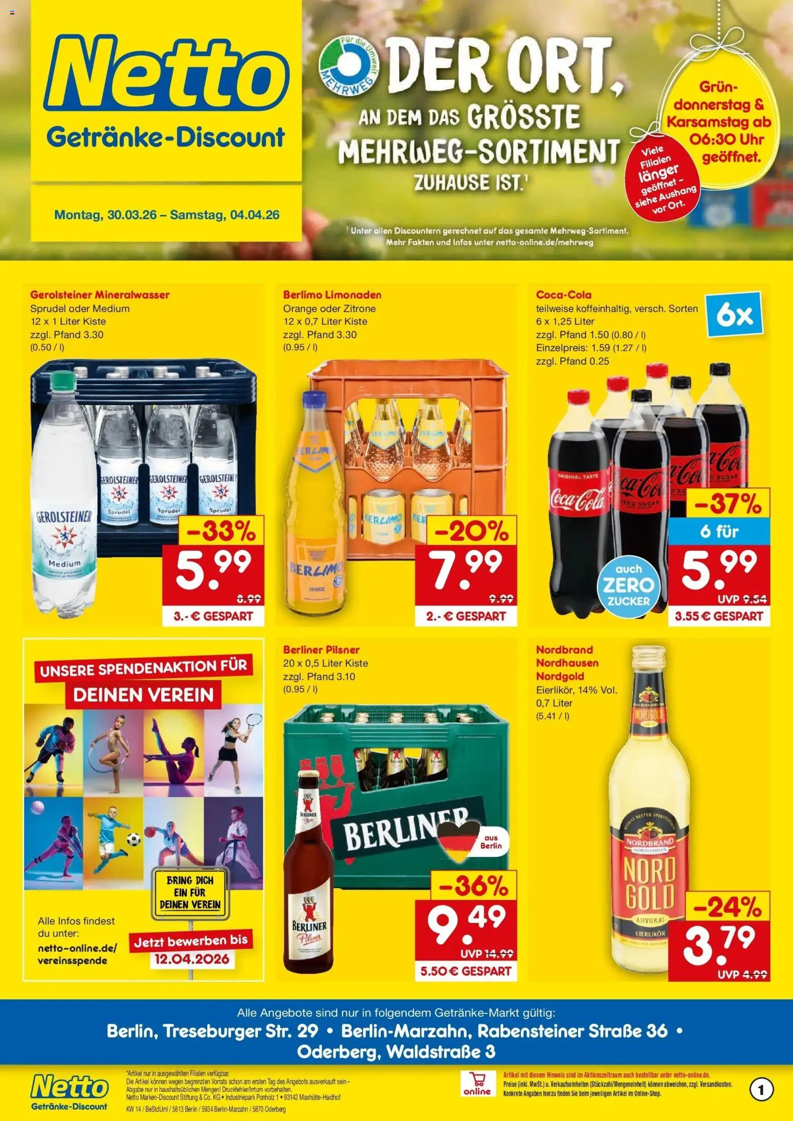 Netto Marken-Discount Prospekt Berlin	 – gültig ab 30.03.2026 | Seite: 1 | Produkte: Cola, Zitrone, Gerolsteiner, Berliner pilsner