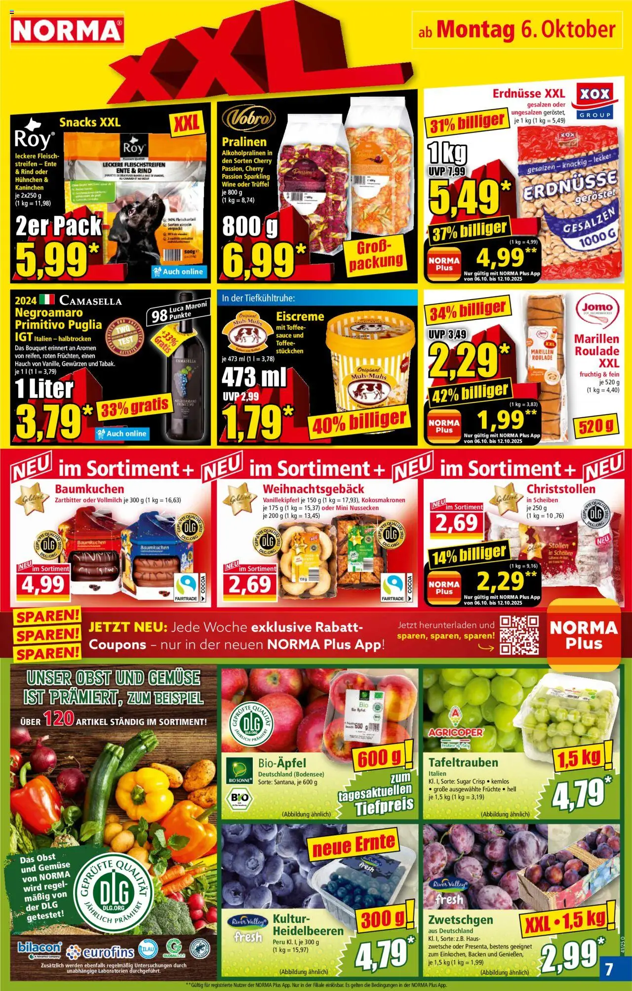 Norma Prospekt 	 – gültig ab 06.10.2025 | Seite: 7 | Produkte: Zwetschgen, Eiscreme, Heidelbeeren, Gemüse