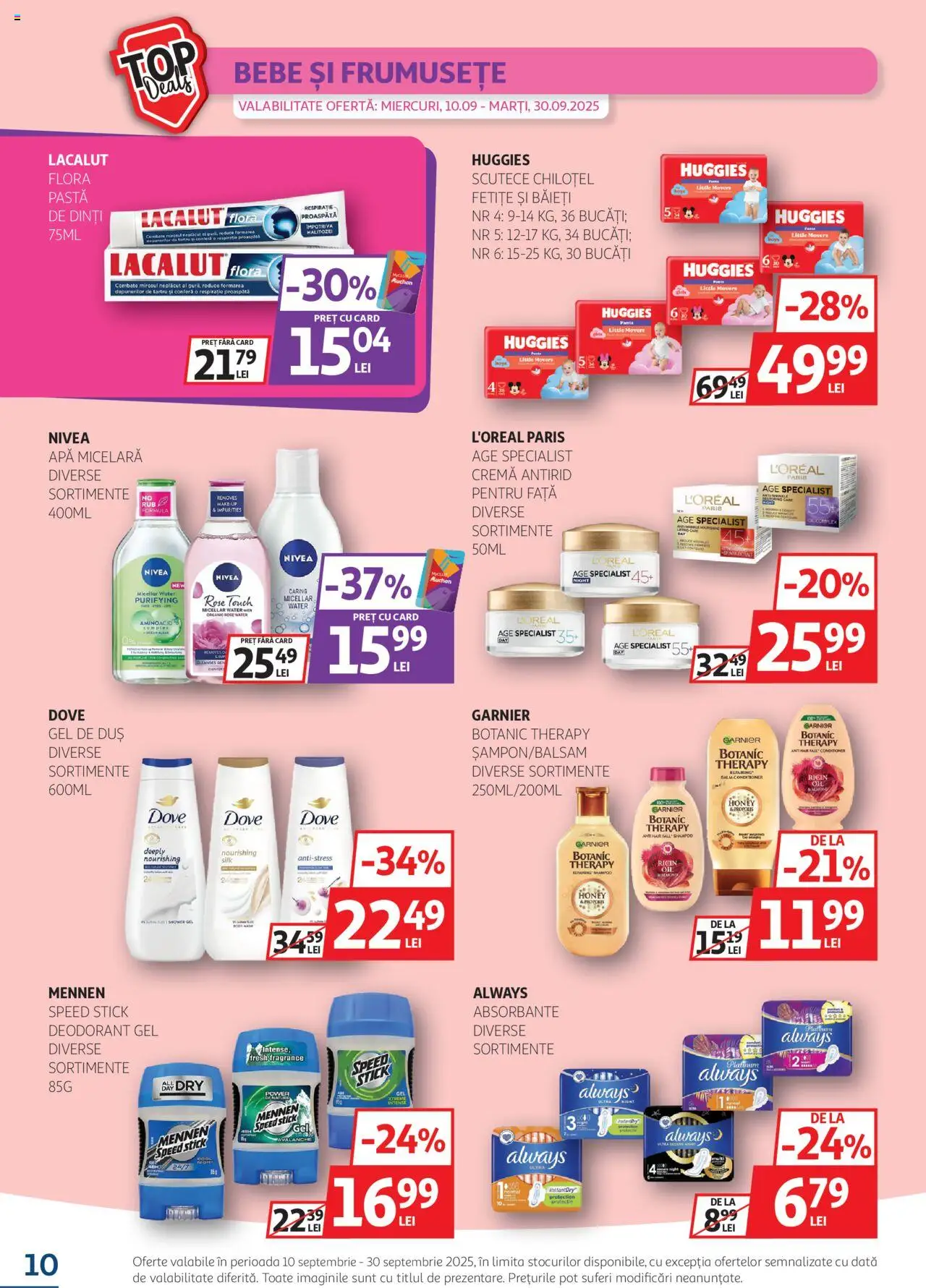Noul catalog Auchan – valabil de la 10.09.2025 | Pagină: 10 | Produse: Duș, Cremă, Absorbante, Apă