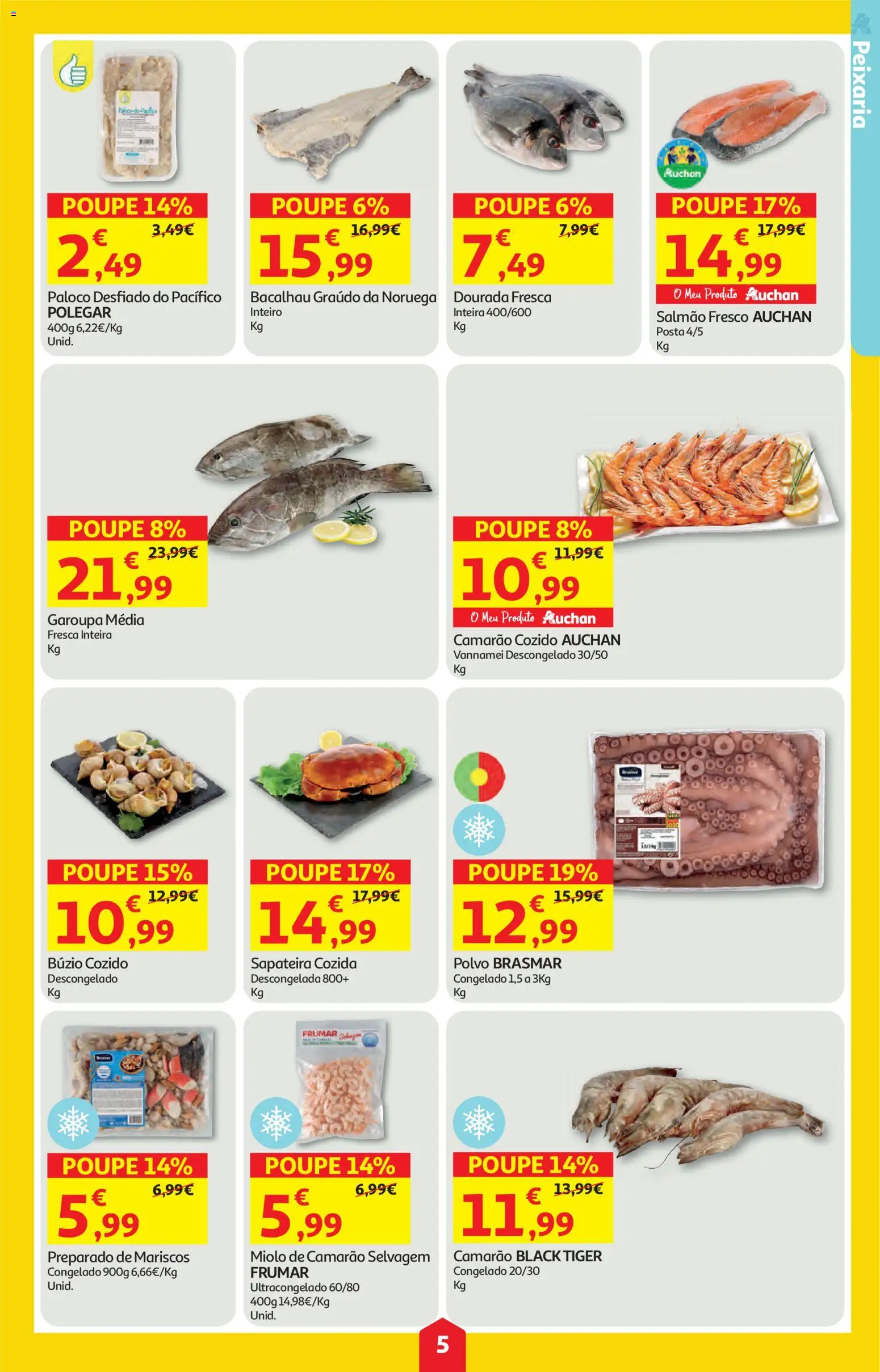 Auchan folheto │ válido de 12.02.2026 | Página: 5 | Produtos: Dourada, Polvo, Camarão, Salmão