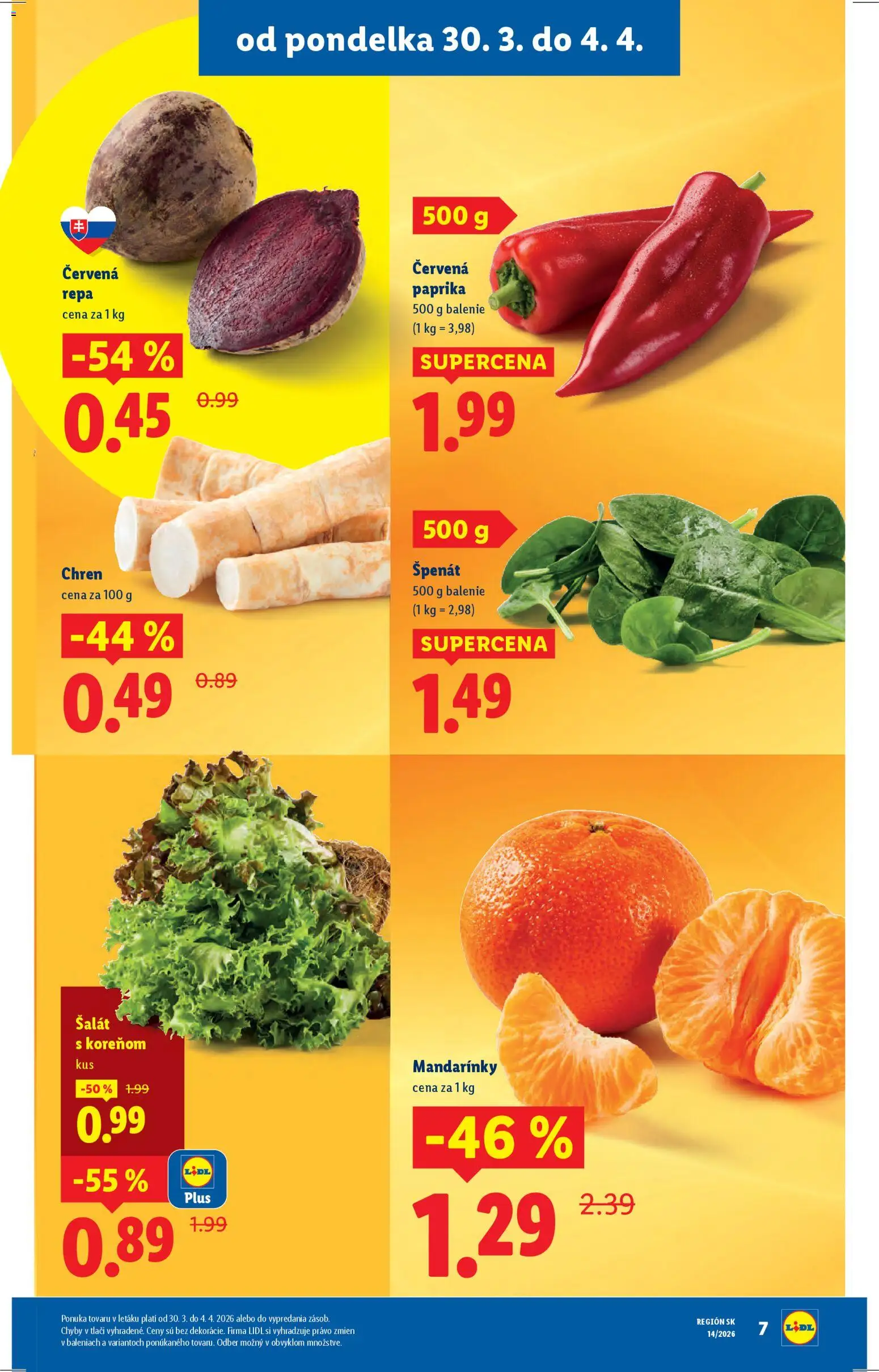 Nové Lidl akcie – leták je platný od 30.03.2026 | Strana: 7 | Produkty: Chren, Mandarinky, Šalát, Červená paprika