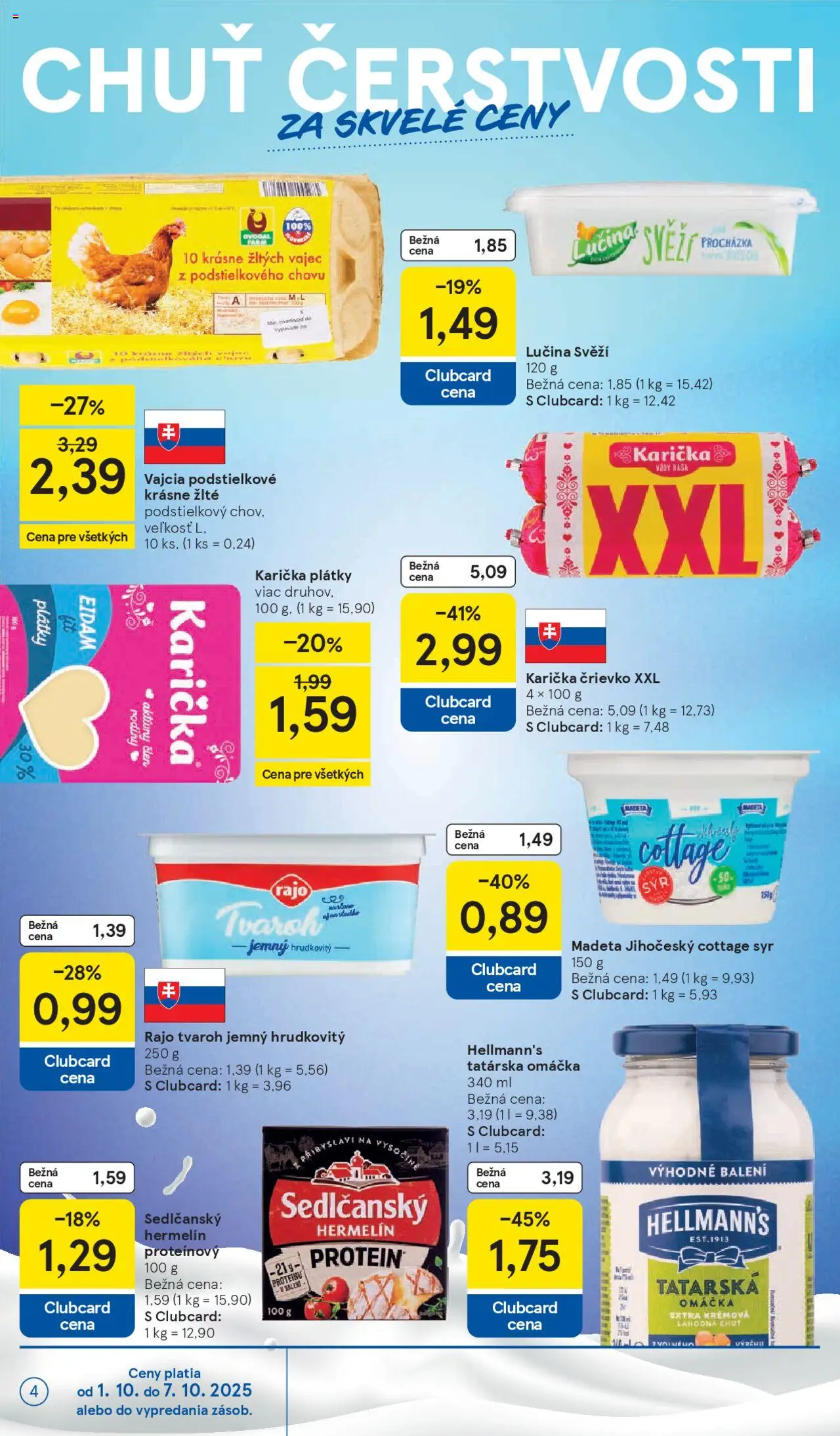 Nové Tesco akcie – leták je platný od 01.10.2025 | Strana: 4 | Produkty: Syr, Eidam, Protein, Tatárska omáčka
