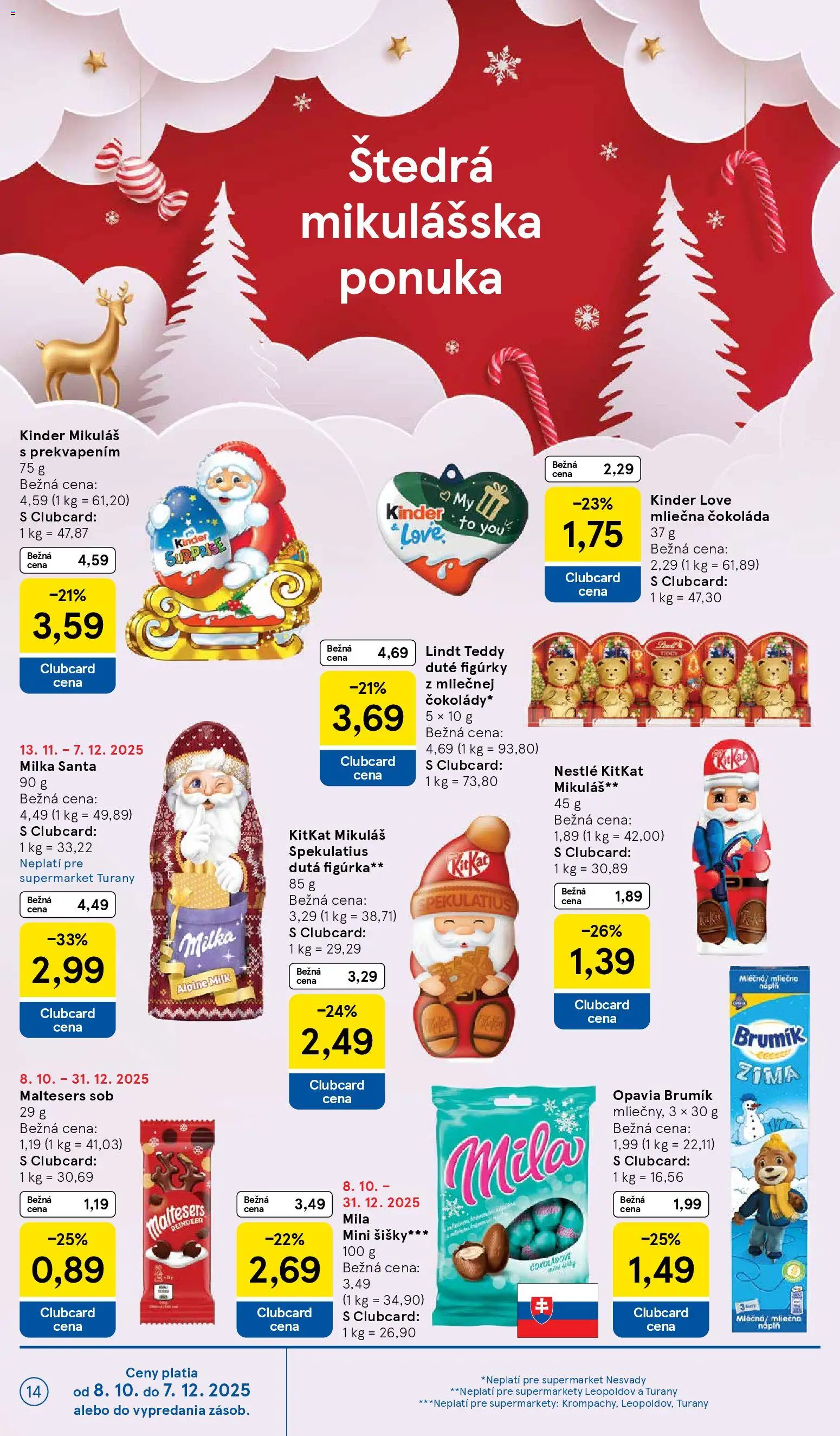 Nové Tesco akcie – leták je platný od 26.11.2025 | Strana: 14 | Produkty: Šišky, Lindt, Kinder, Milka
