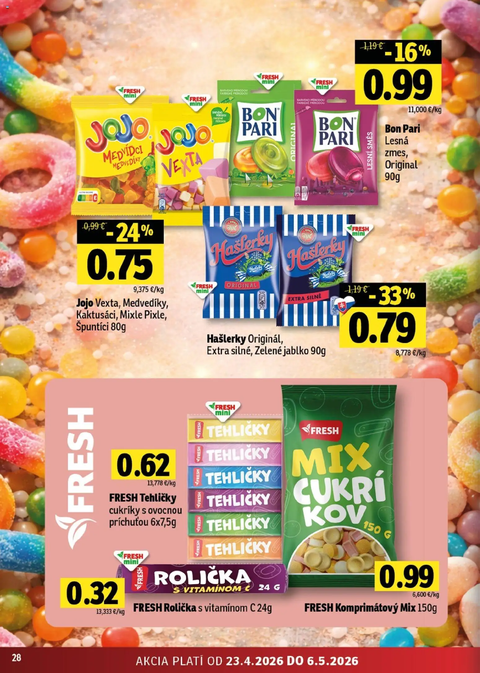 Nové Fresh akcie – leták je platný od 23.04.2026 | Strana: 28 | Produkty: Cukríky