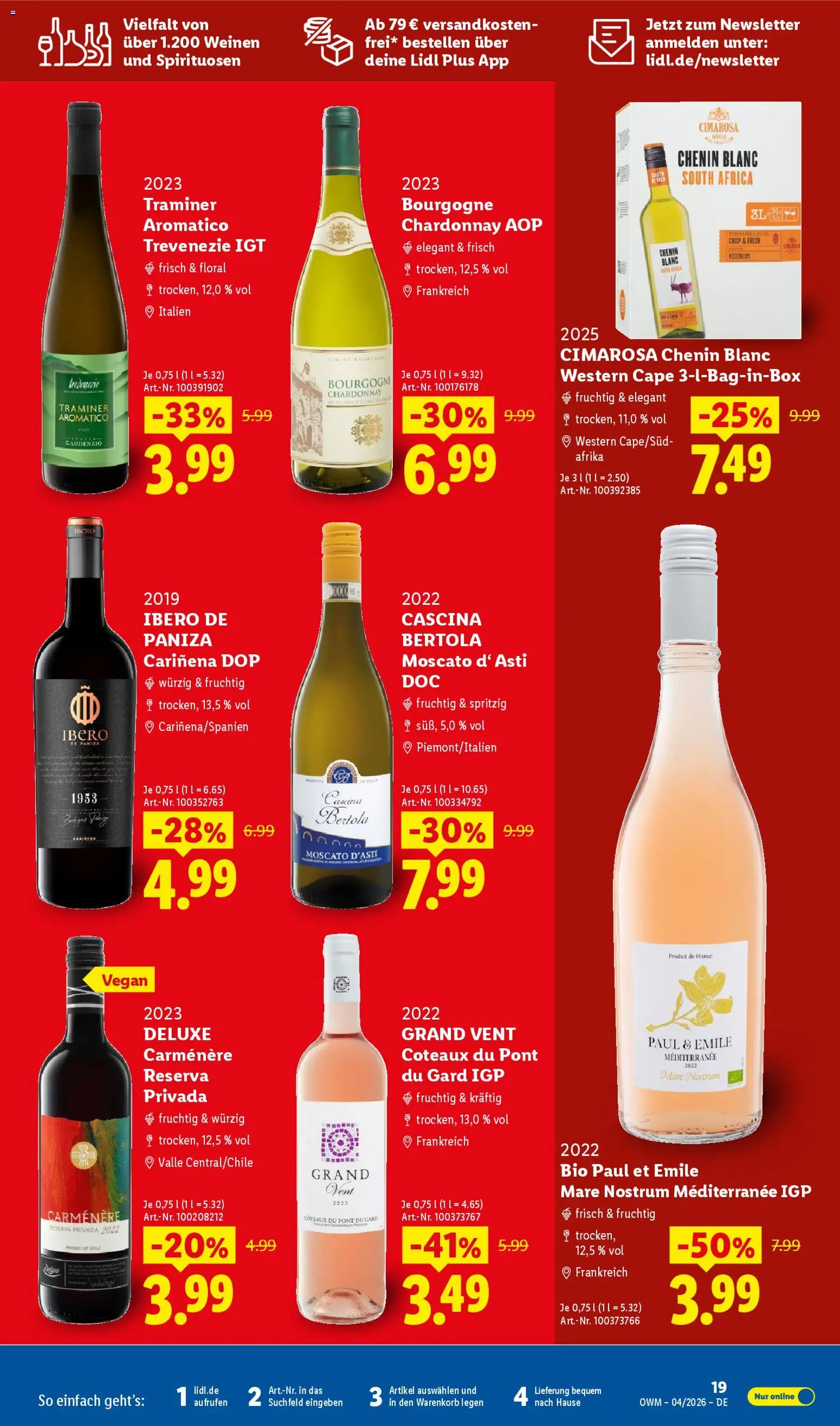 Lidl Německo leták - Wein & Spirituosen od 01.04.2026 | Strana: 19 | Produkty: Vegan, Moscato, Deluxe