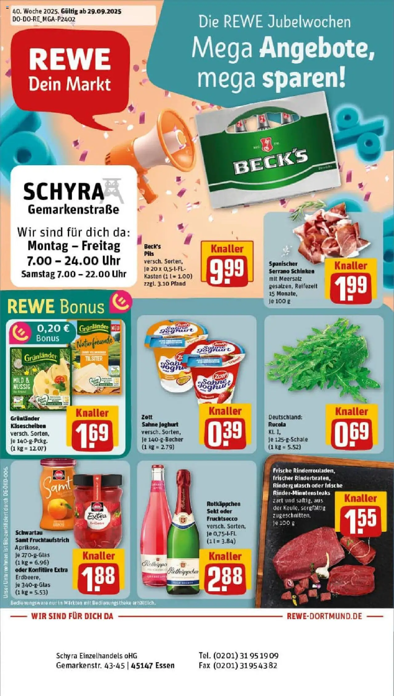 Rewe prospekt Essen	 – gültig ab 28.09.2025 | Seite: 1 | Produkte: Sekt, Schinken, Sahne, Uhr