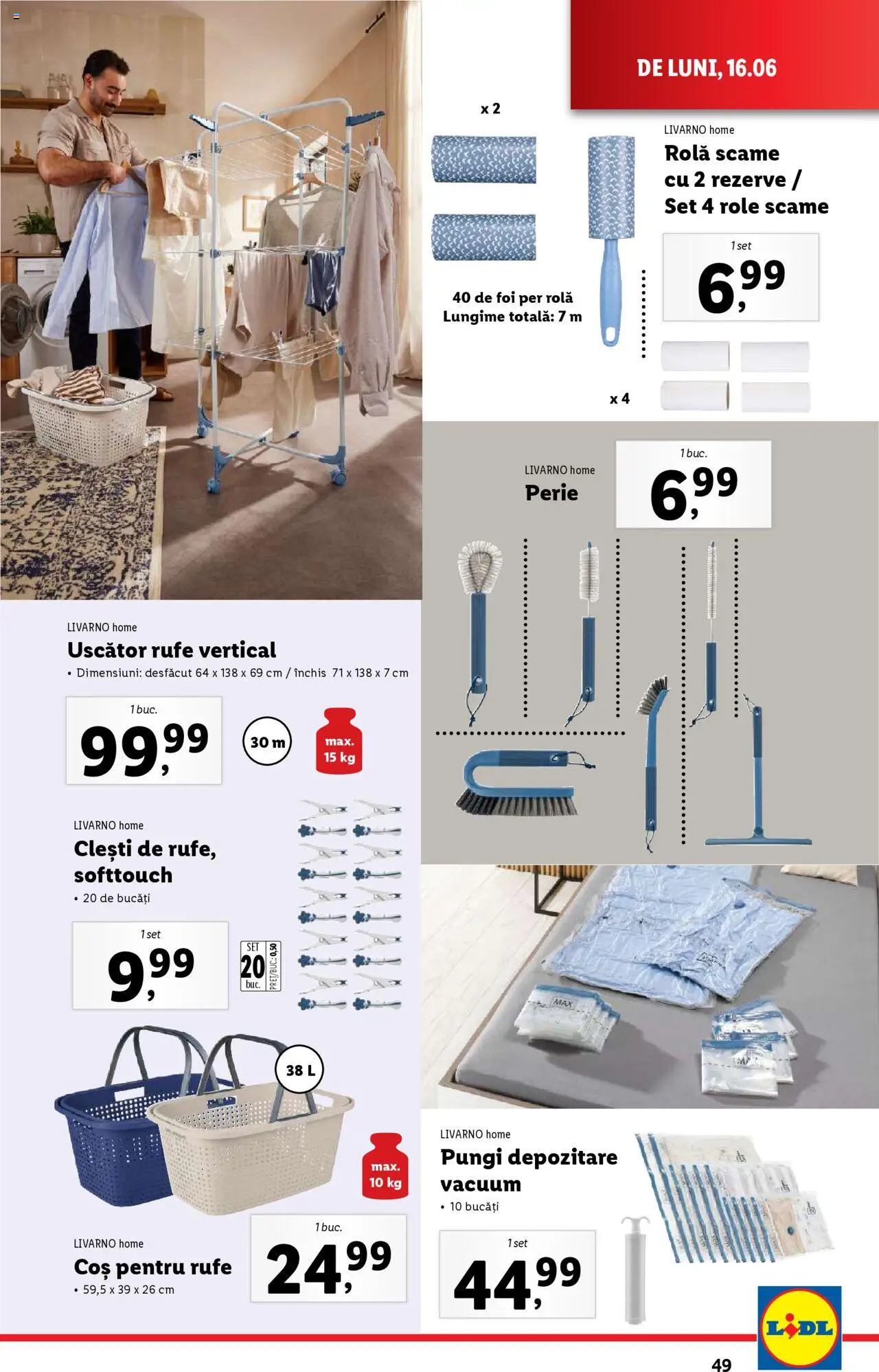 Catalog Lidl – valabil de la 16.06.2025 | Pagină: 49 | Produse: Uscător, Coș, Role, Perie