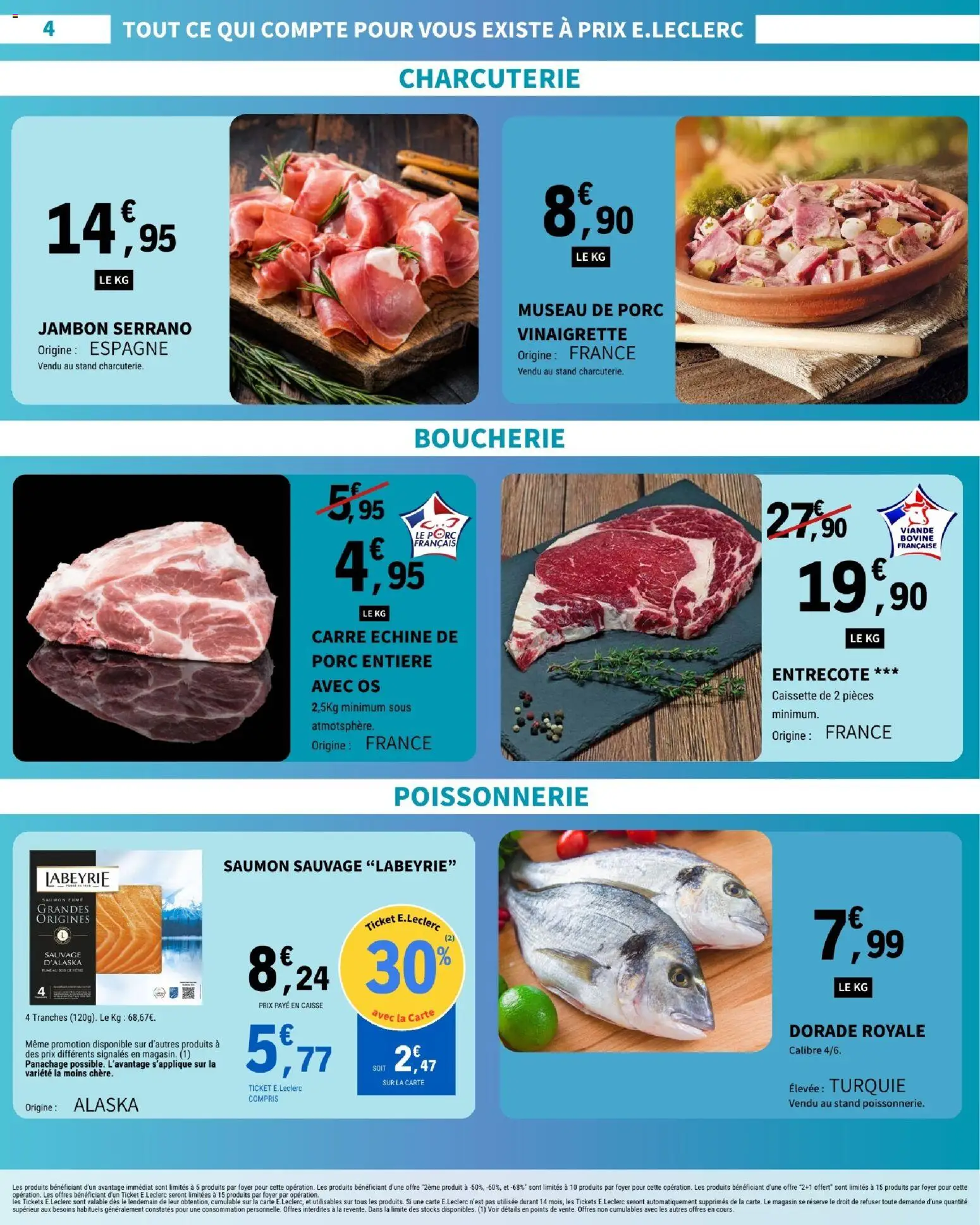 {H1} | Page: 4 | Produits: Dorade royale, Jambon serrano, Porc, Saumon