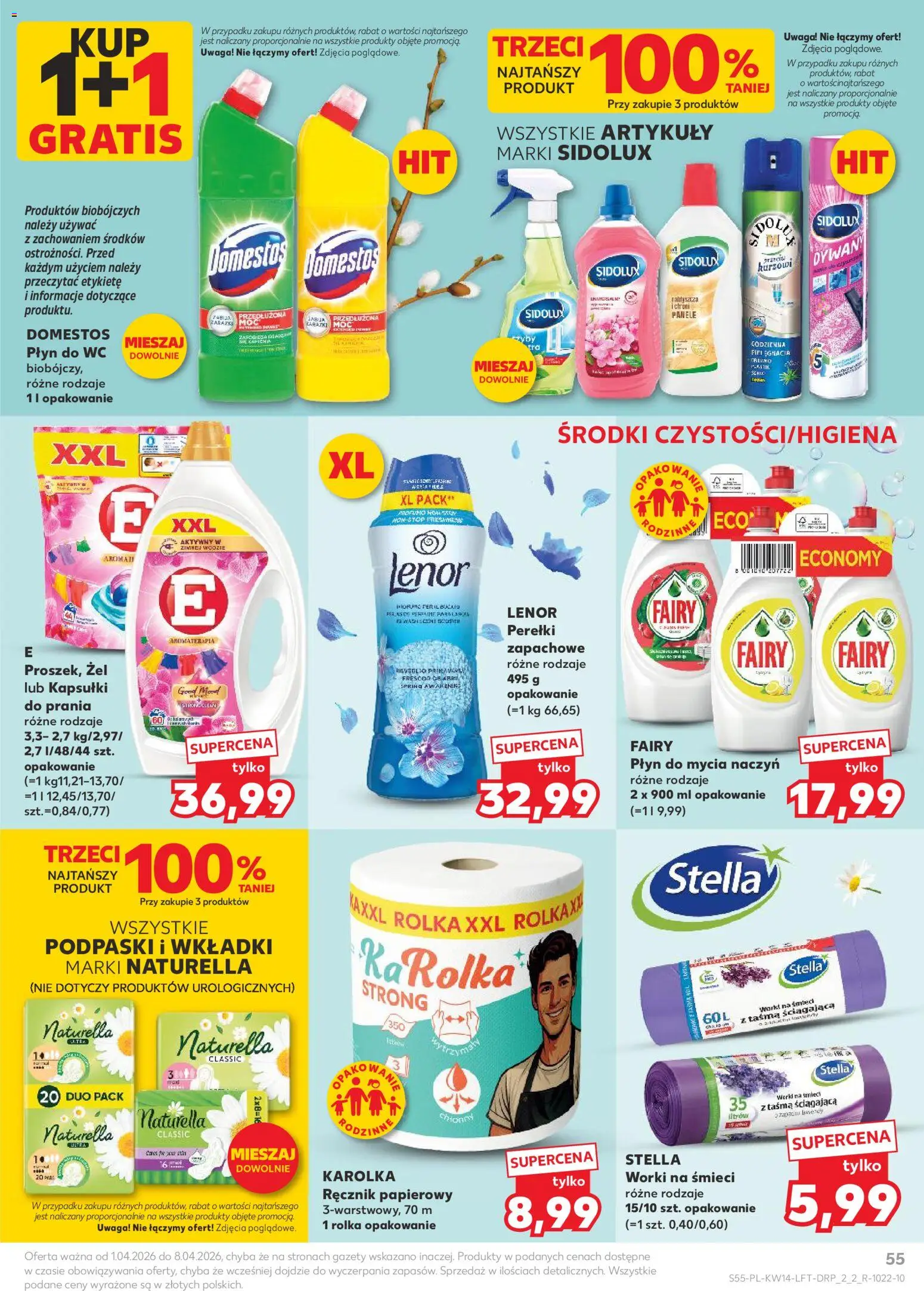 Kaufland gazetka od 01.04.2026 | Strona: 55 | Produkty: Podpaski, Domestos, Fairy, Ręcznik papierowy