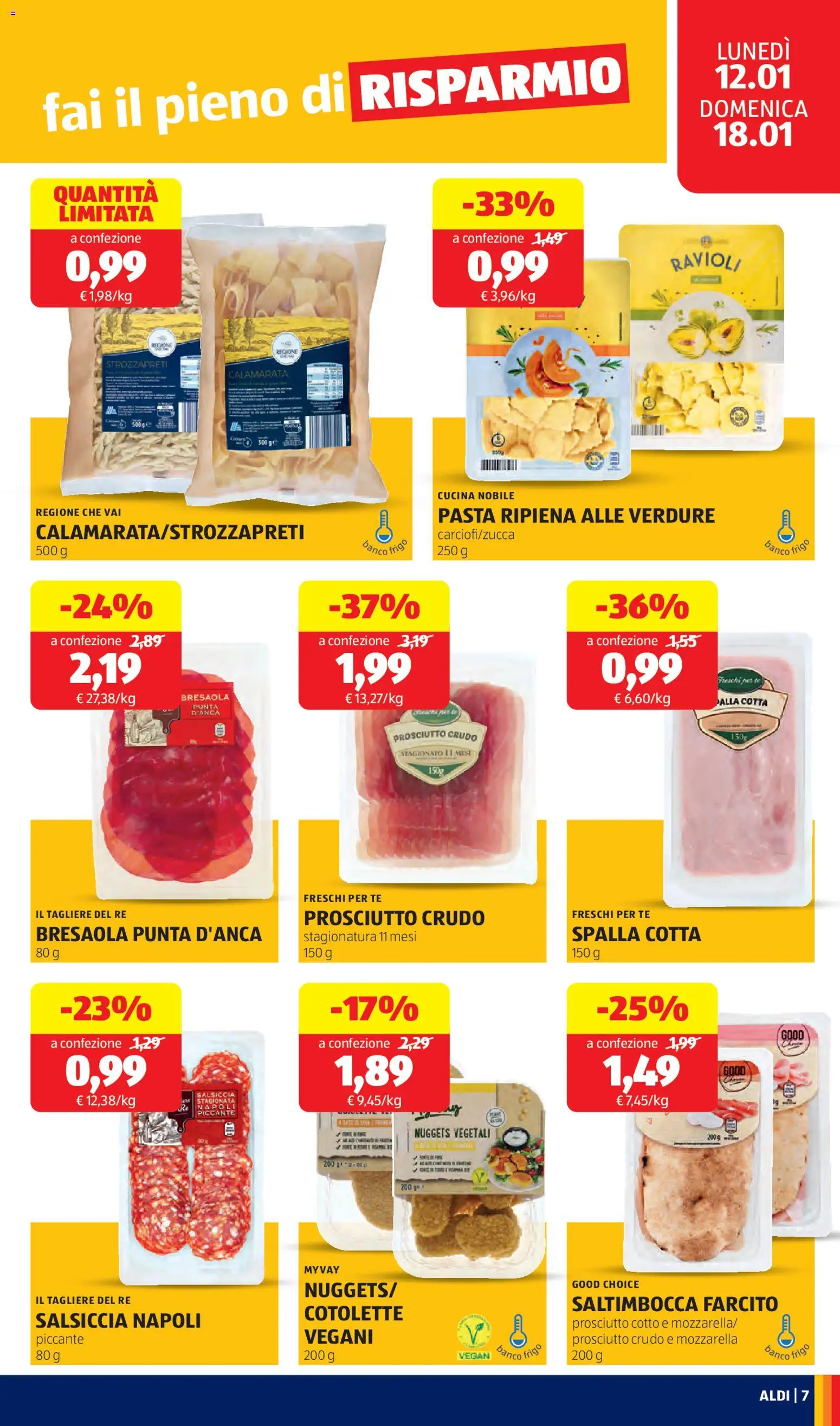 Volantino Aldi del 12.01.2026 | Pagina: 7 | Prodotti: Prosciutto Crudo, Bresaola, Nuggets, Pasta