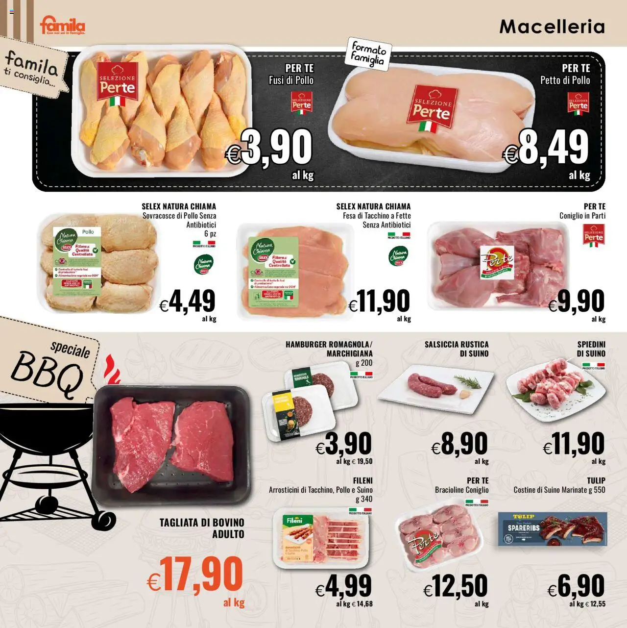 Volantino Famila del 16.10.2025 | Pagina: 4 | Prodotti: Bovino, Salsiccia, Hamburger, Spiedini