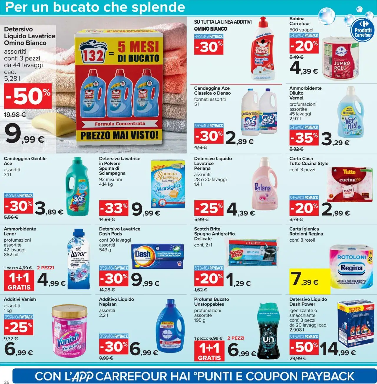 Volantino Carrefour del 23.10.2025 | Pagina: 26 | Prodotti: Carta igienica, Ammorbidente, Candeggina, Lavatrice