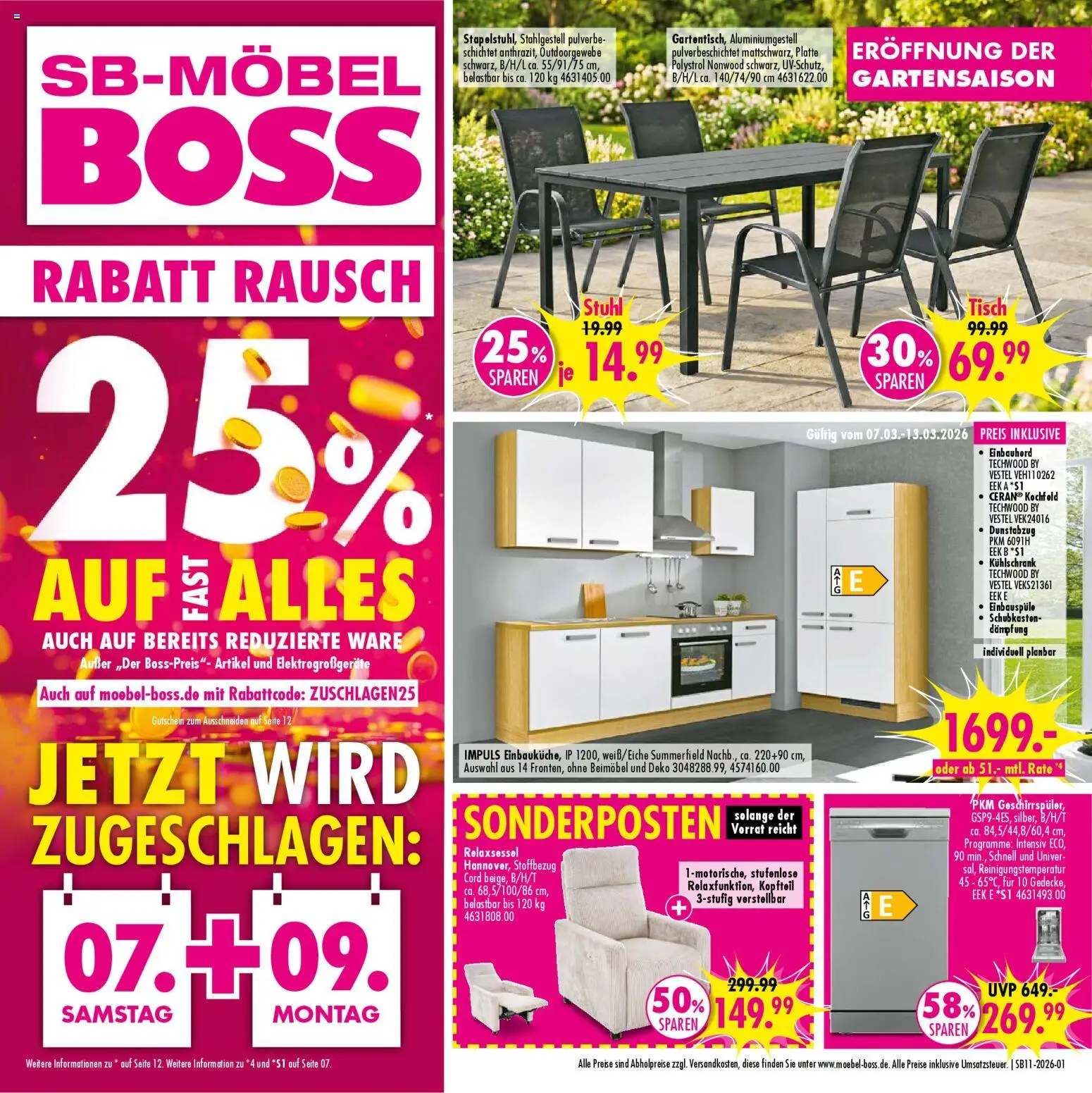 SB Möbel Boss Prospekt 	 – gültig ab 07.03.2026 | Seite: 1 | Produkte: Tisch, Stuhl, Kühlschrank, Dunstabzug