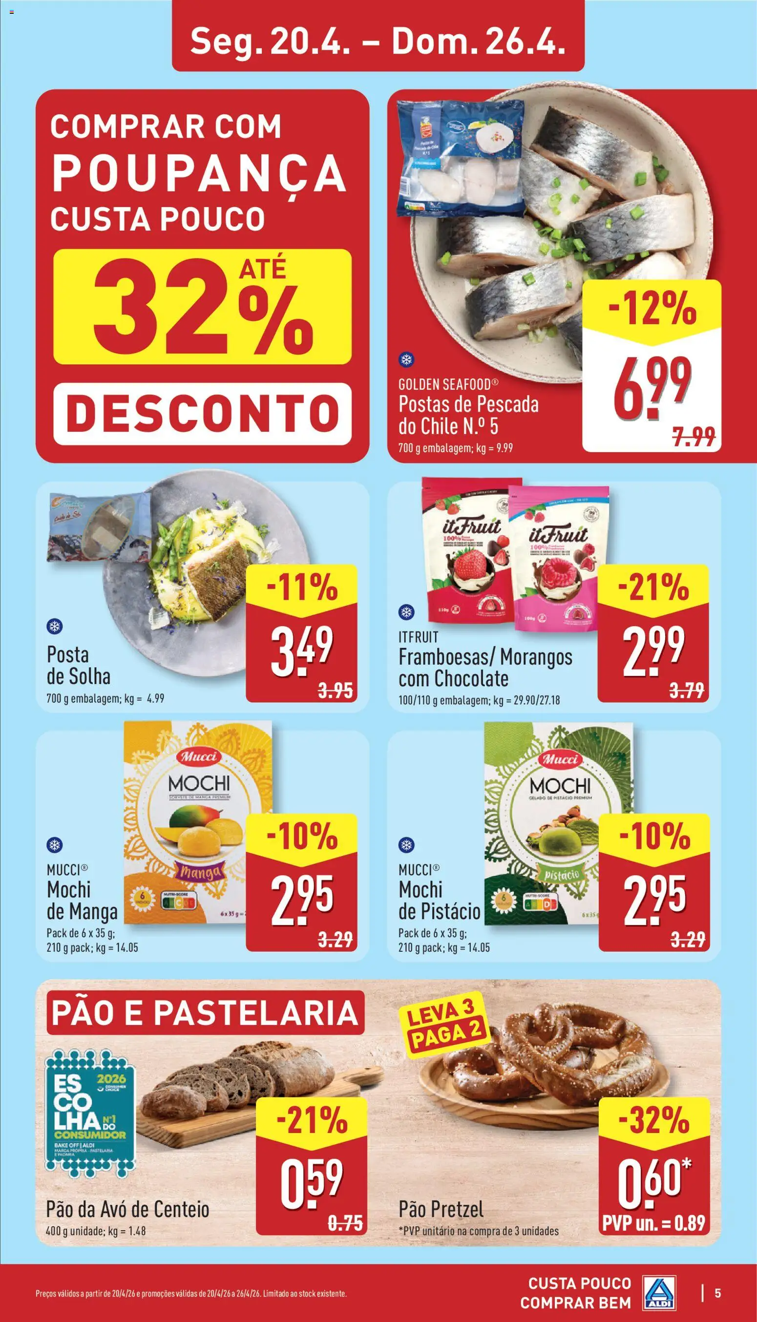 Aldi folheto │ válido de 20.04.2026 | Página: 5 | Produtos: Pescada, Centeio, Chocolate, Morangos