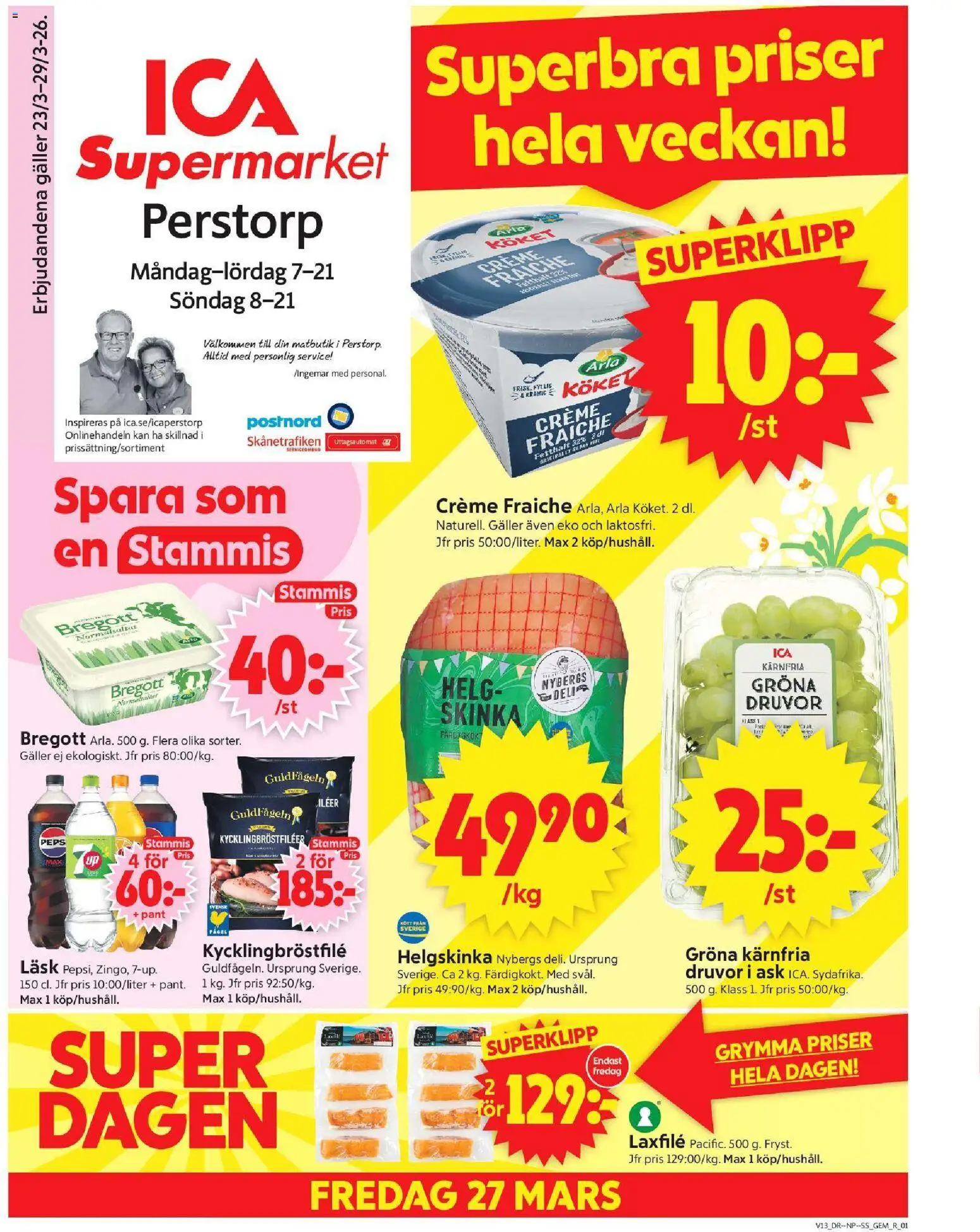 ICA Supermarket reklamblad aktuell från 23.03.2026 | Sida: 1 | Produkter: Galler, Bregott, Creme fraiche, Skinka