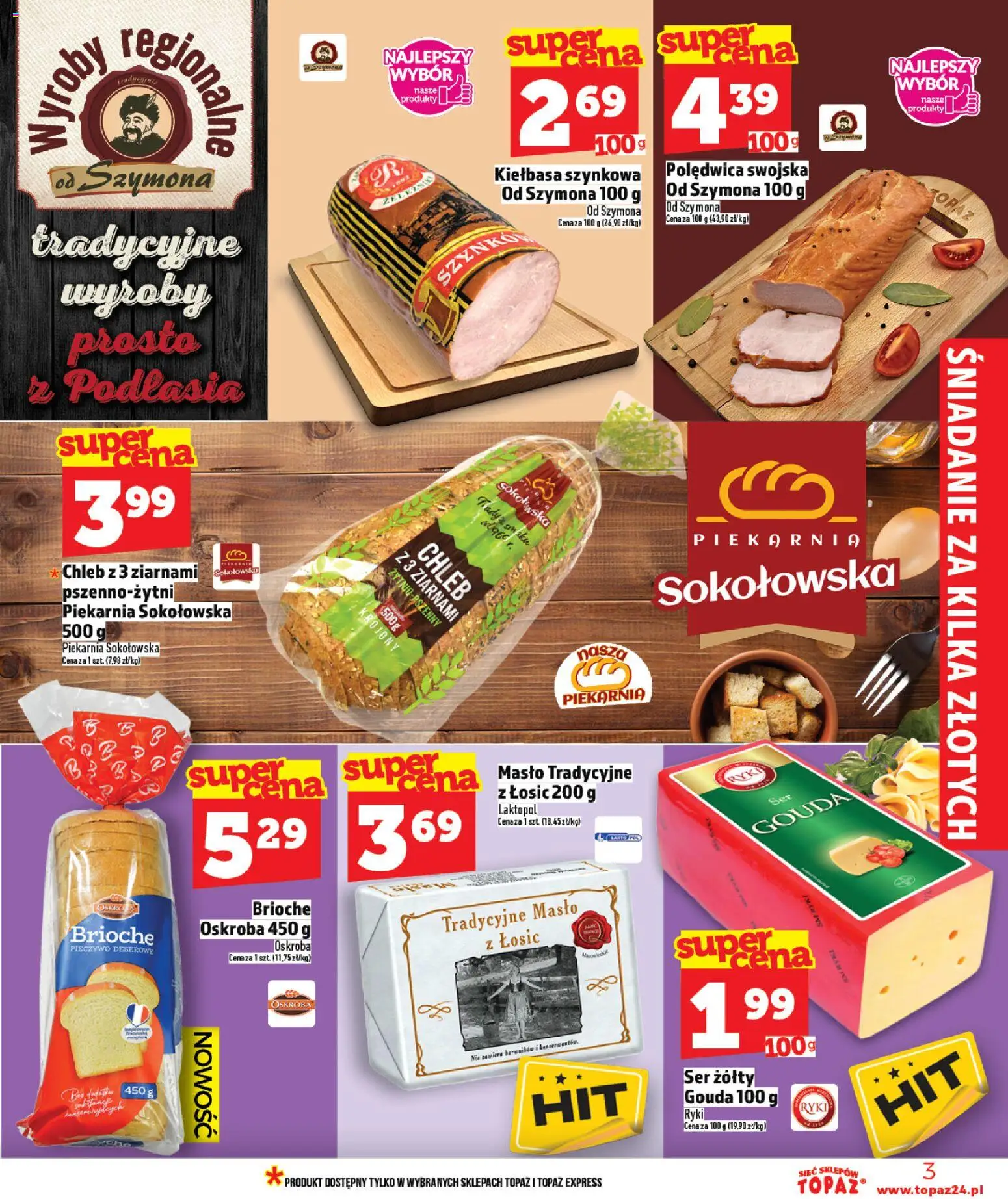 Topaz Gazetka MAZ od 22.01.2026 | Strona: 3 | Produkty: Kiełbasa, Ser żółty, Piekarnia, Chleb