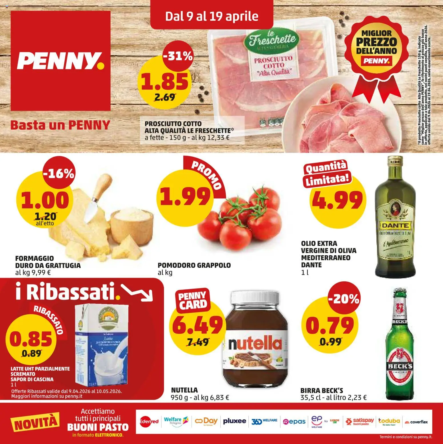 Volantino PENNY del 09.04.2026 | Pagina: 1 | Prodotti: Latte, Prosciutto, Nutella, Olio extra vergine