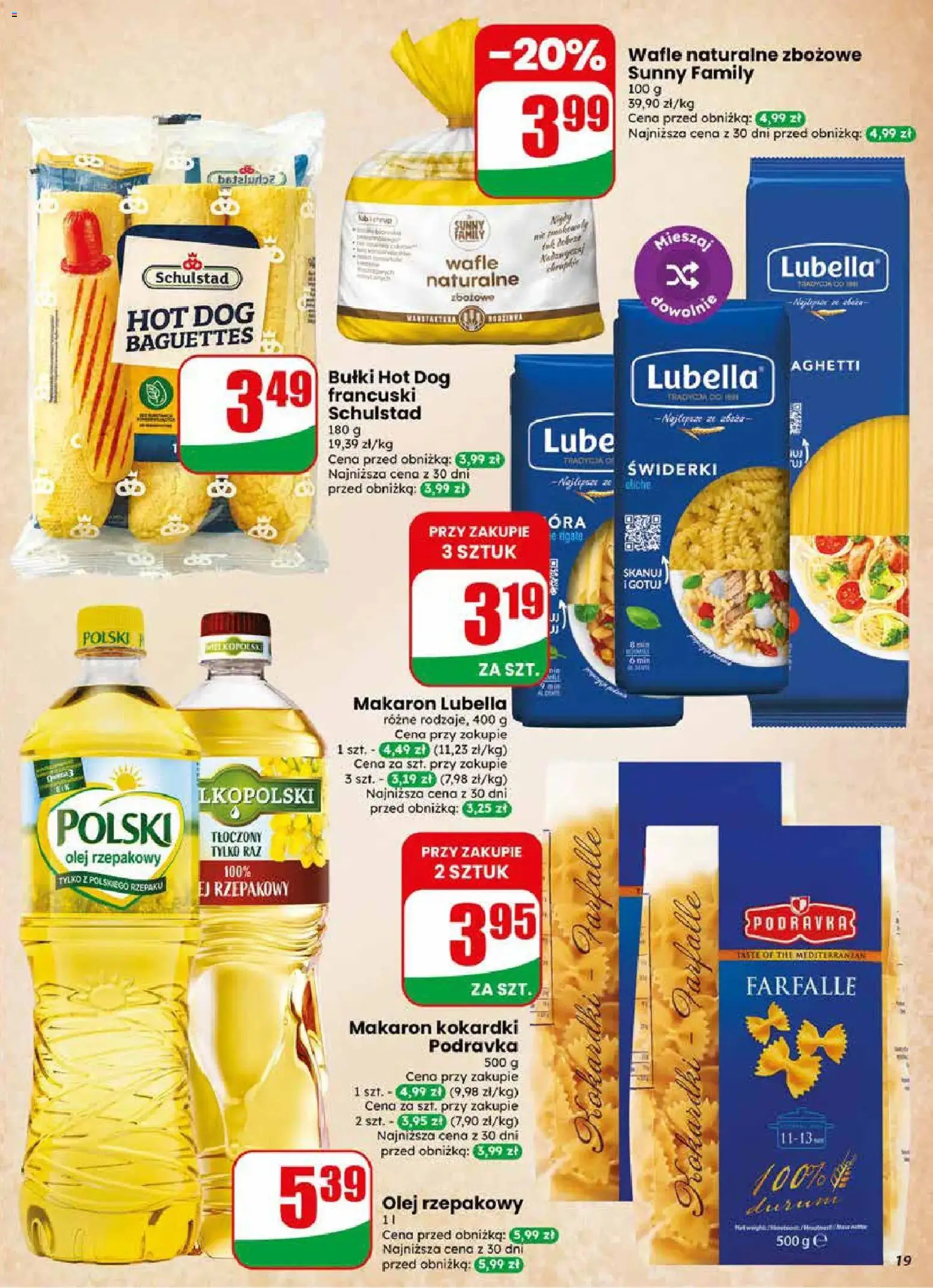 Dino gazetka od 22.04.2026 | Strona: 19 | Produkty: Olej rzepakowy, Wafle, Makaron kokardki, Makaron