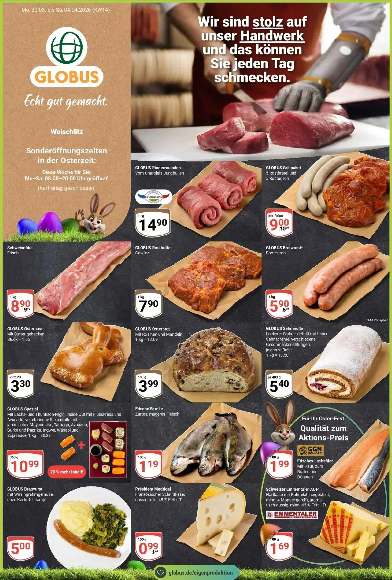 Globus prospekt Weischlitz	 – gültig ab 30.03.2026 | Seite: 1 | Produkte: Rinderrouladen, Rosinen, Lachs, Uhr