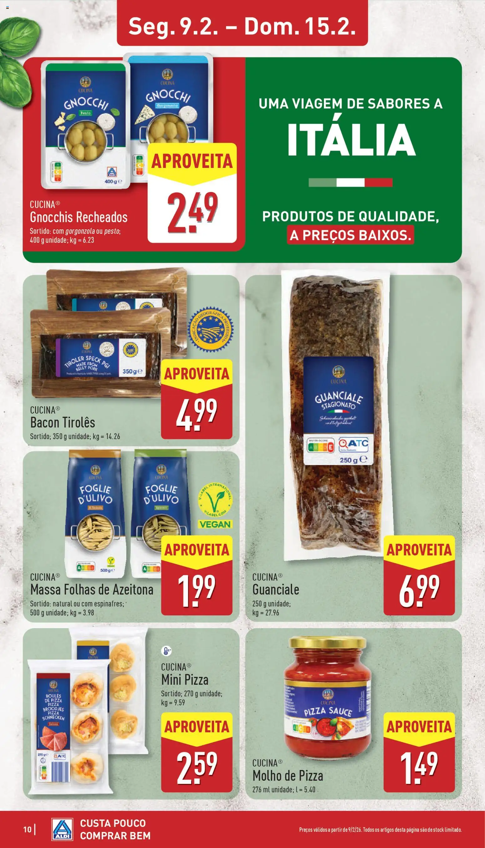 Aldi folheto │ válido de 09.02.2026 | Página: 10 | Produtos: Bacon, Gnocchi, Pizza, Massa