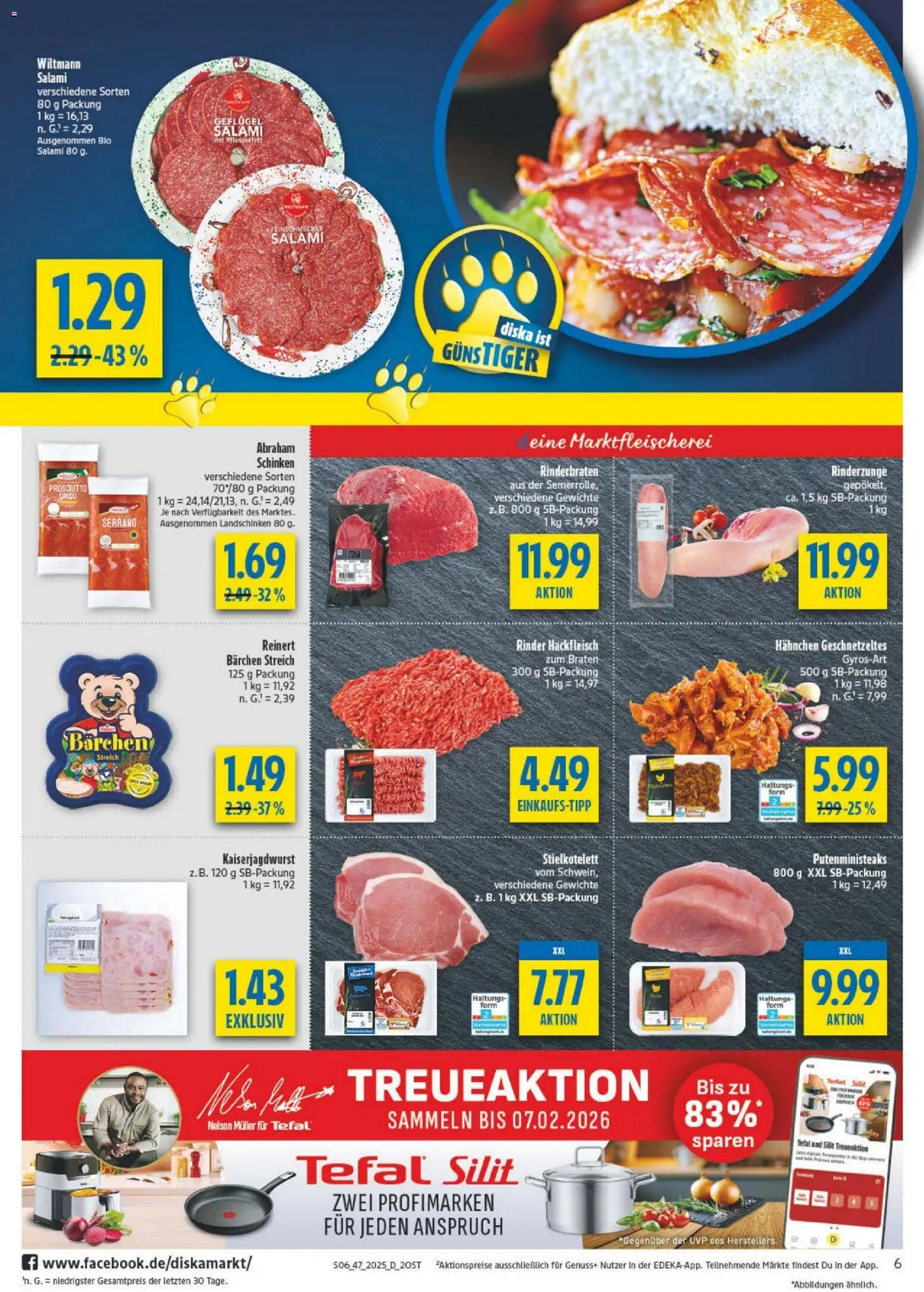 Diska Prospekt 	 – gültig ab 17.11.2025 | Seite: 6 | Produkte: Rinderbraten, Hahnchen, Salami, Hackfleisch