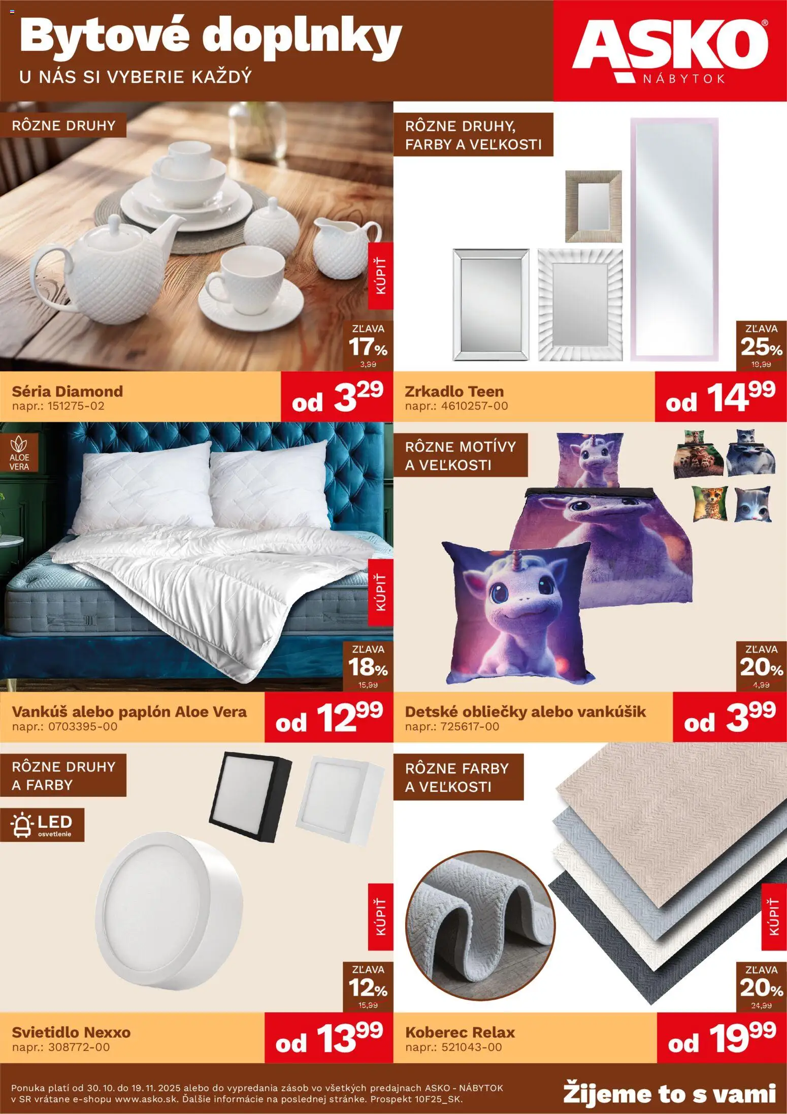 Nové ASKO nábytok akcie – leták je platný od 30.10.2025 | Strana: 1 | Produkty: Nábytok, Obliečky, Osvetlenie, Vankúš