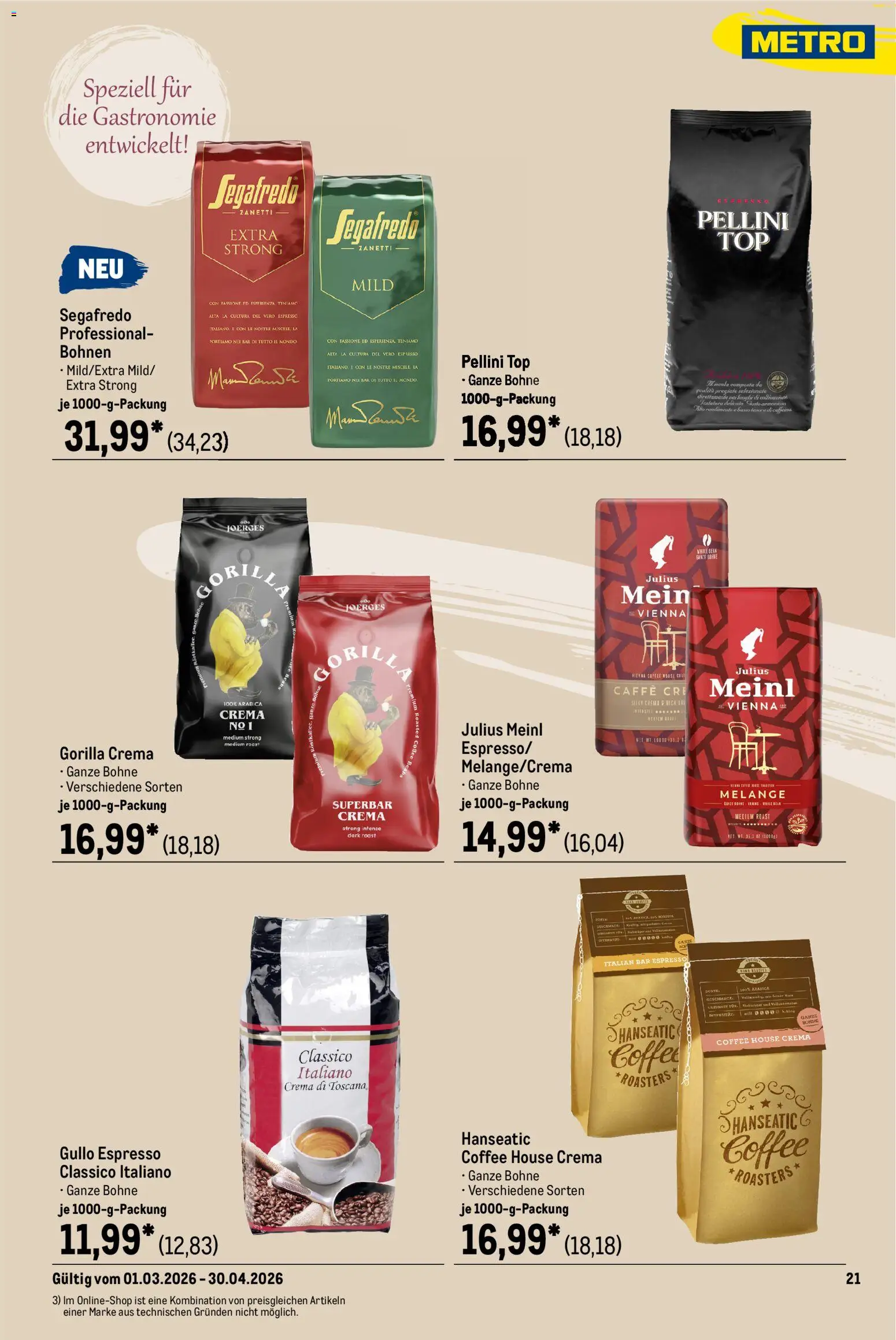 Metro Saisonkatalog Frühlings-Genuss – gültig ab 01.03.2026 | Seite: 21 | Produkte: Top, Segafredo