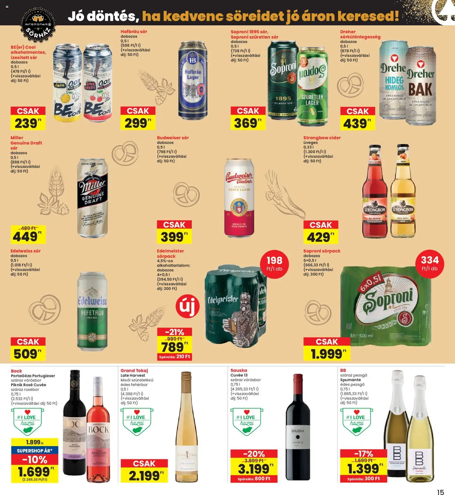 Interspar akciós ujság - amely érvényes a következő dátumtól: 19.02.2026 | Oldal: 15 | Termékek: Dunje, Šećer u prahu, Sör, Fehérbor