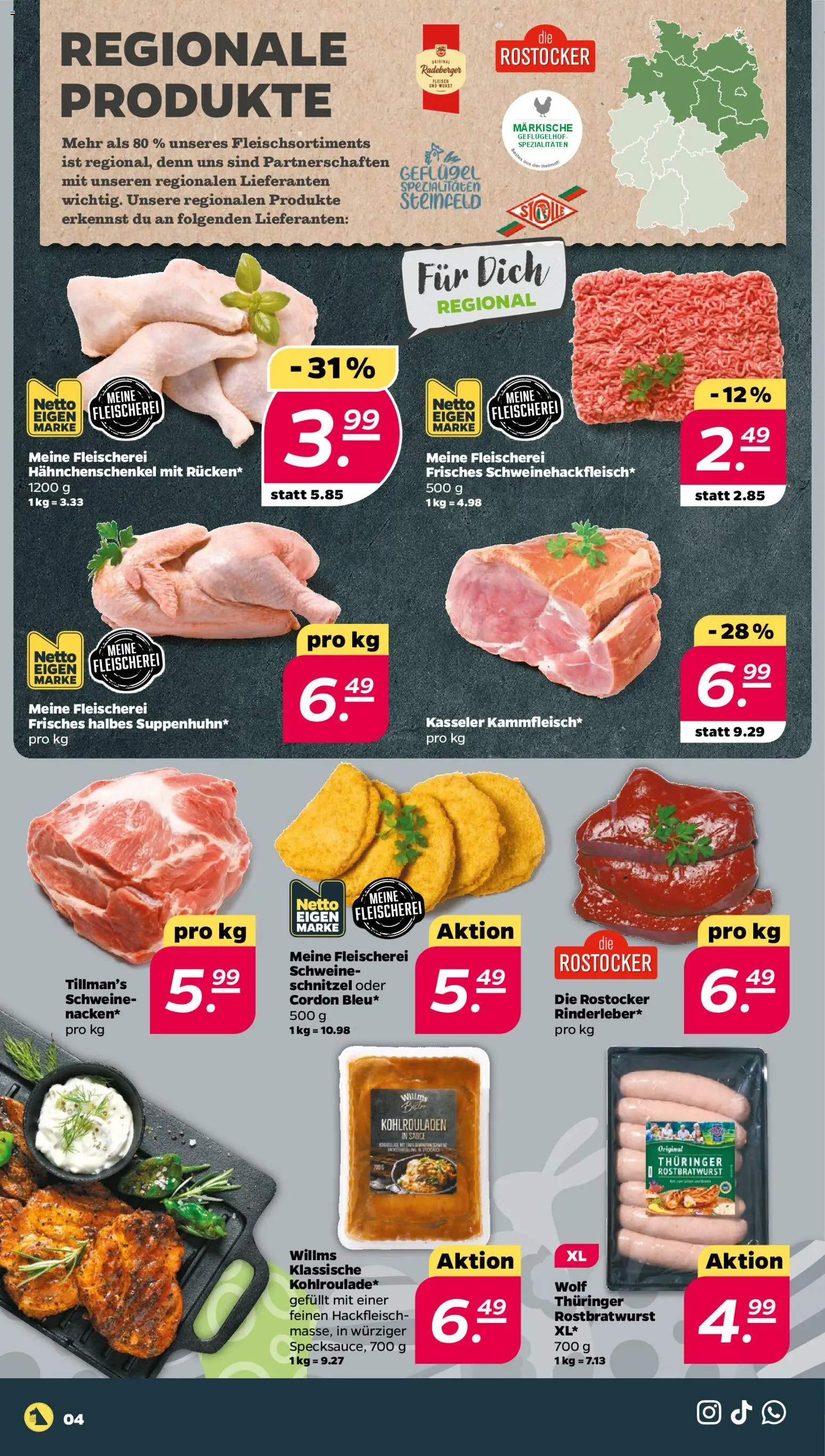 Netto Prospekt 	 – gültig ab 16.03.2026 | Seite: 4 | Produkte: Hahnchenschenkel, Schnitzel, Wurst, Hackfleisch