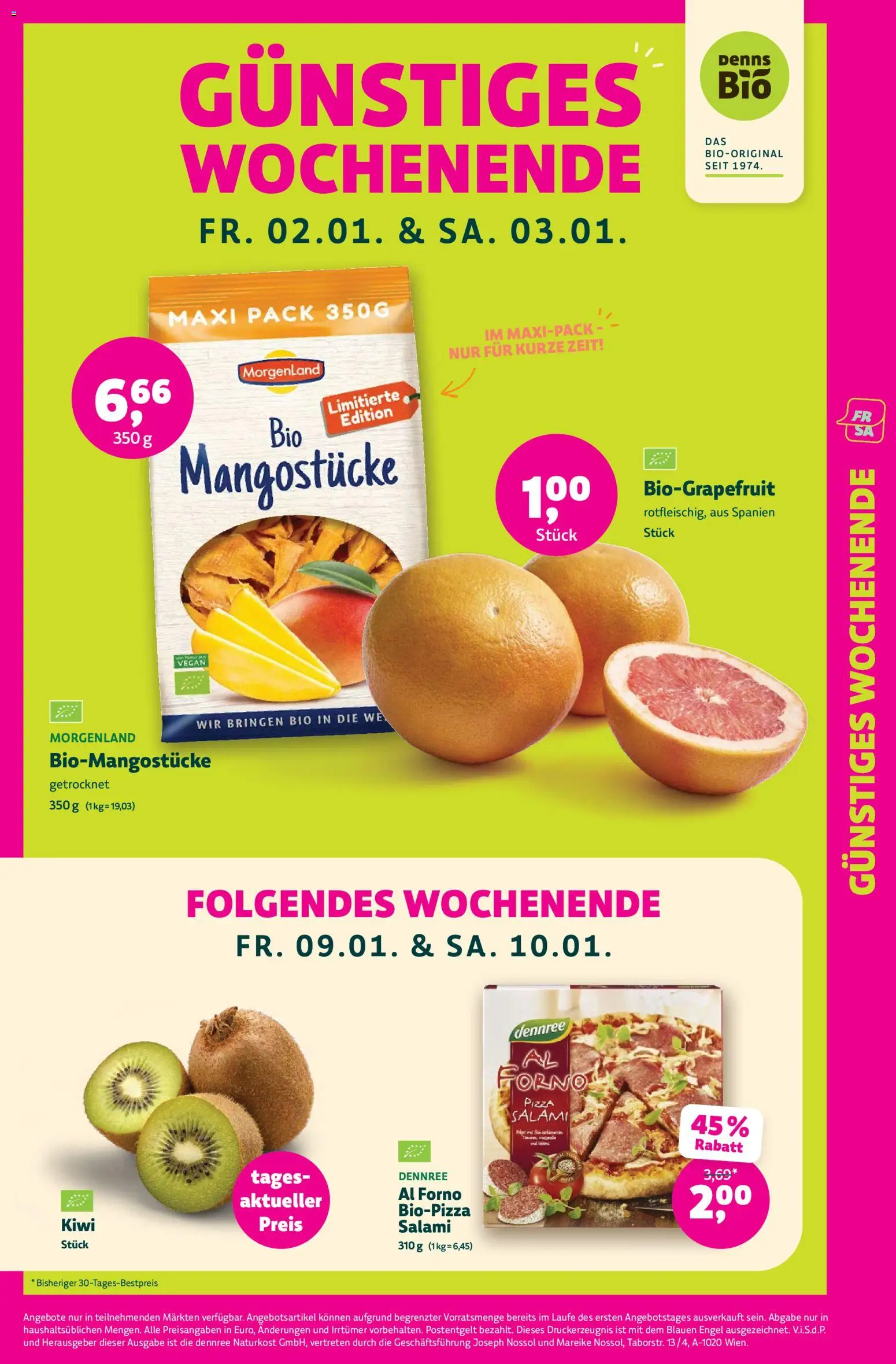 Denns BioMarkt Angebote gültig ab 02.01.2025 | Seite: 2 | Produkte: Kiwi, Salami, Pizza