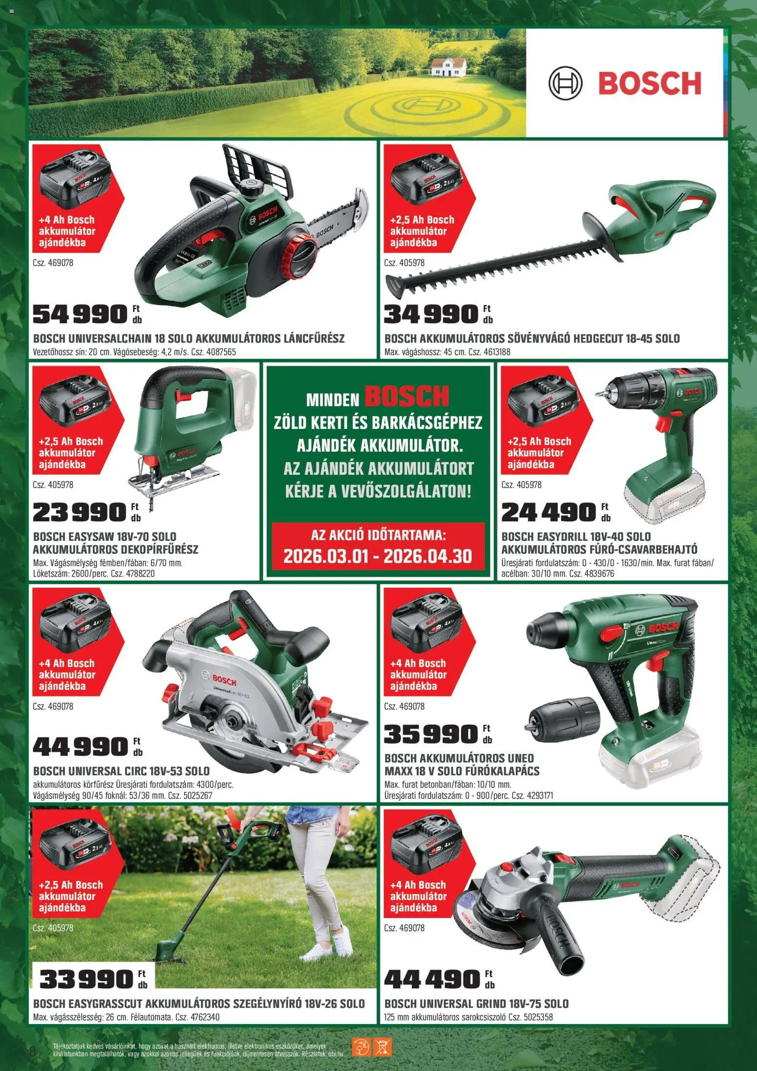OBI akciós ujság - amely érvényes a következő dátumtól: 03.03.2026 | Oldal: 8 | Termékek: Fúrókalapács, Körfűrész, Sarokcsiszoló, Sövényvágó