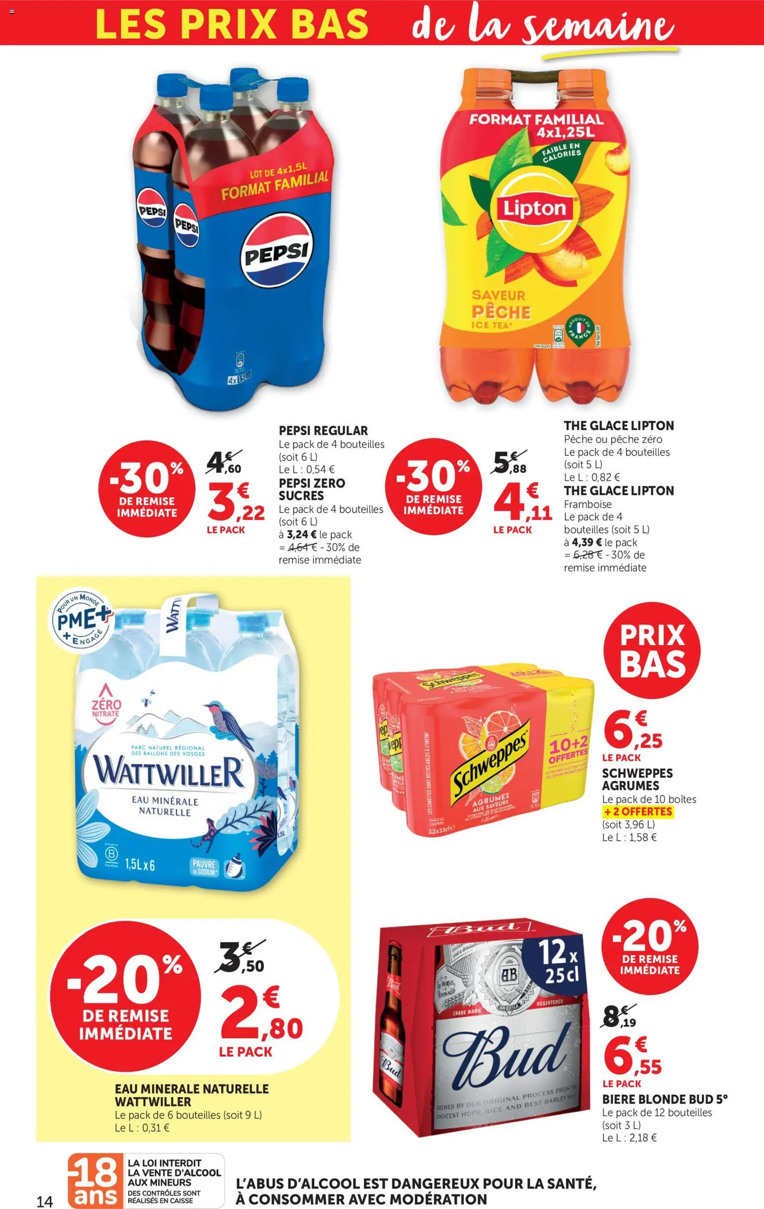 {H1} | Page: 14 | Produits: Bière blonde, Eau minérale naturelle, Bière blonde Bud, Bière