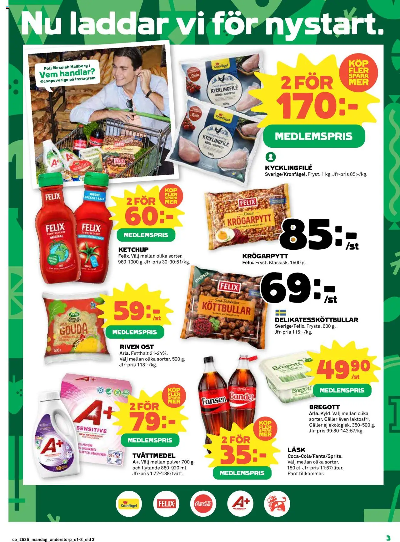 Coop reklamblad aktuell från 25.08.2025 | Sida: 3 | Produkter: Köttbullar, Tvättmedel, Kycklingfile, Bregott