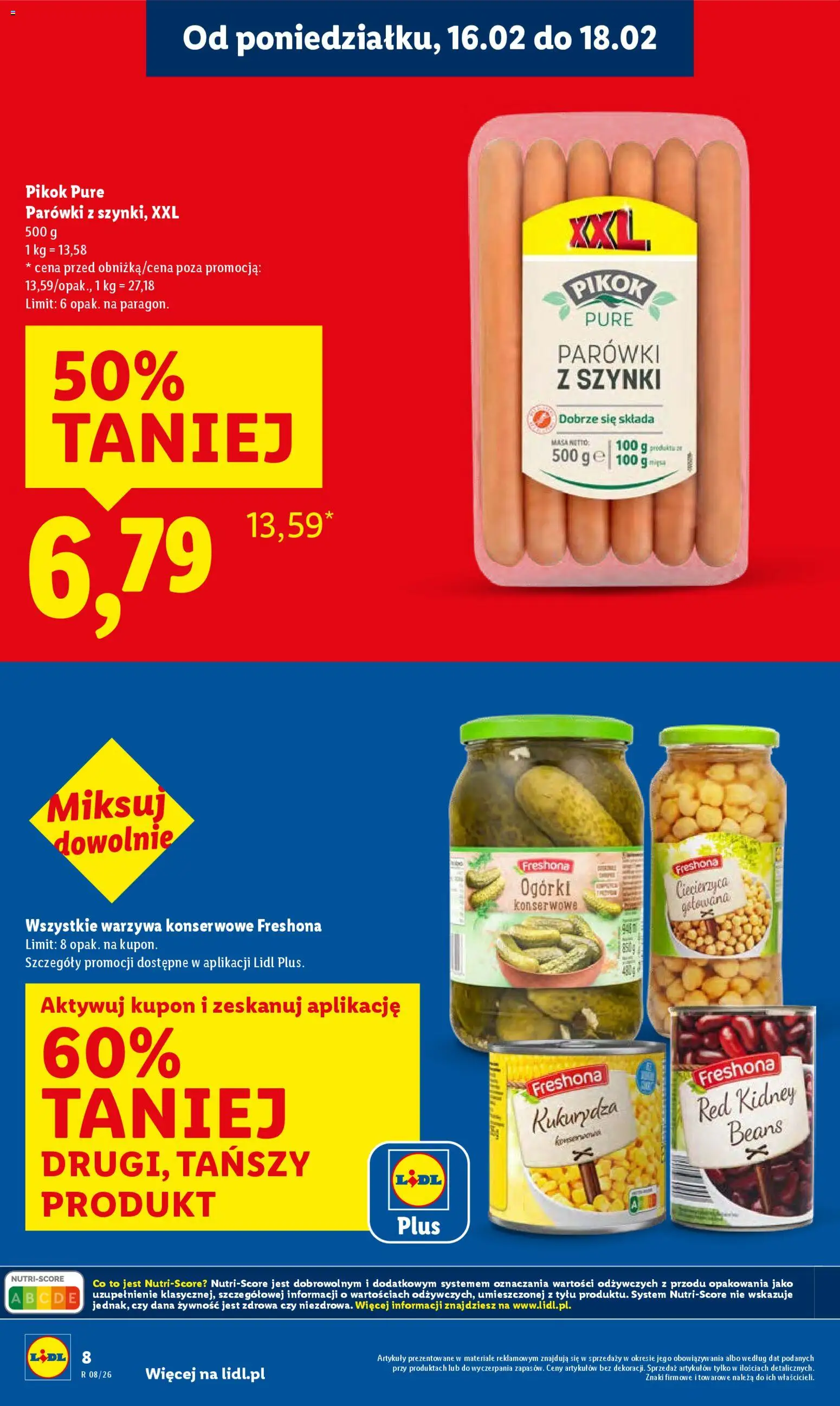 Lidl Gazetka od 16.02.2026 | Strona: 8 | Produkty: Parówki z szynki, Kukurydza, Parówki, Ogórki