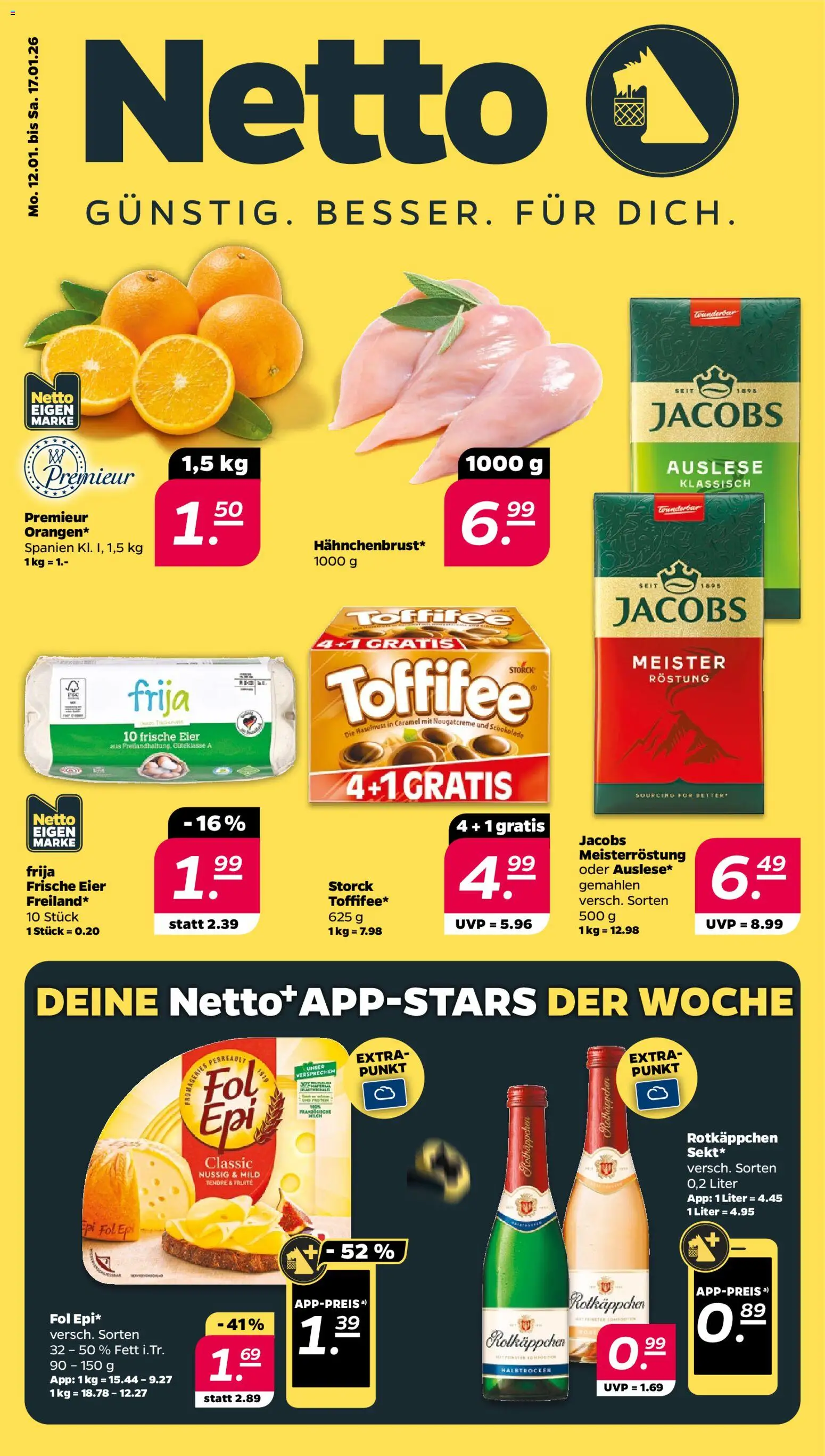 Netto Prospekt 	 – gültig ab 12.01.2026 | Seite: 1 | Produkte: Eier, Schokolade, Toffifee, Rotkäppchen