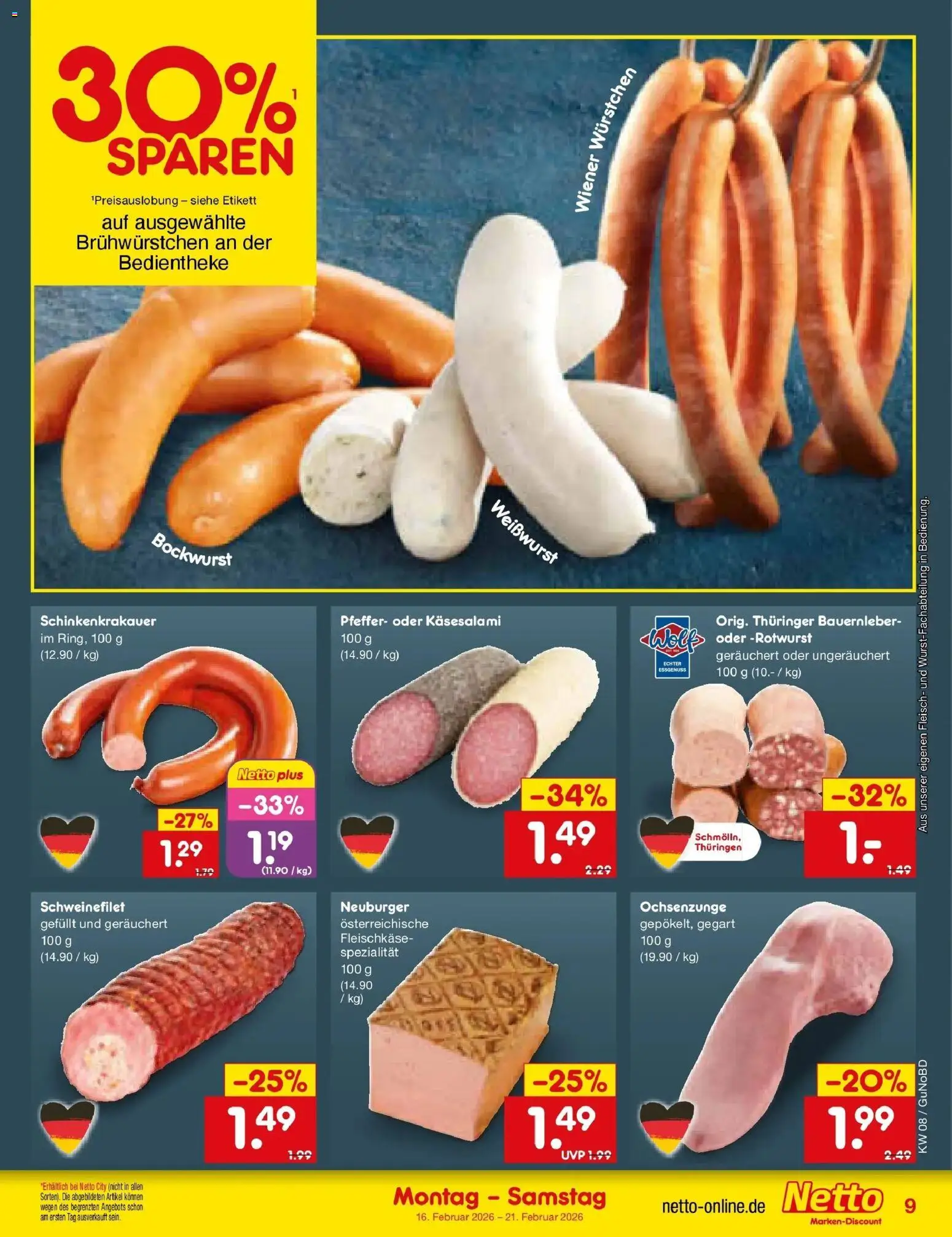 Netto Marken-Discount prospekt Augustusburg	 – gültig ab 16.02.2026 | Seite: 9 | Produkte: Bockwurst, Wiener wurstchen, Weißwurst, Fleisch