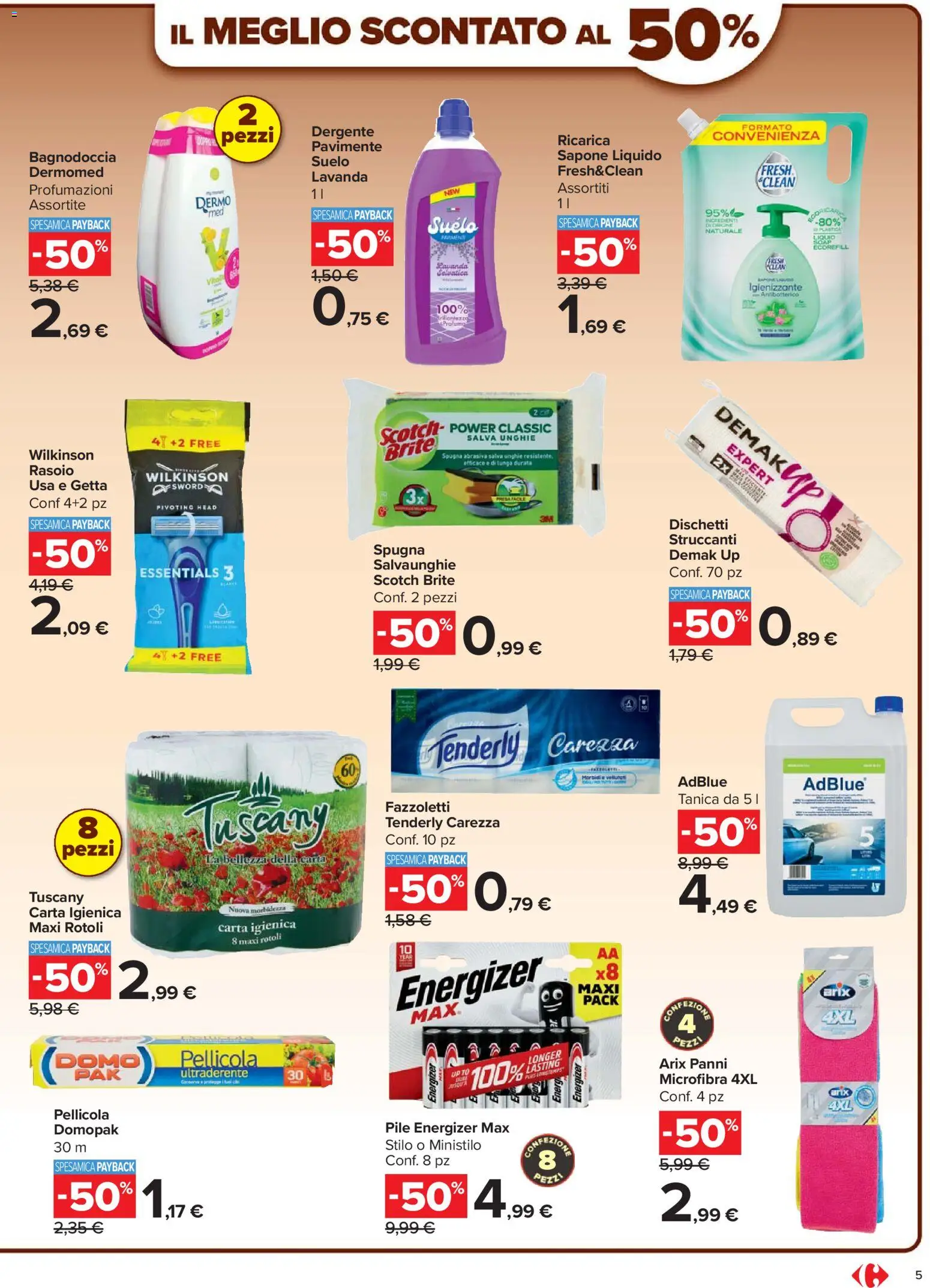 Volantino Carrefour del 07.04.2026 | Pagina: 5 | Prodotti: Spugna, Rasoio, Fazzoletti, Pellicola