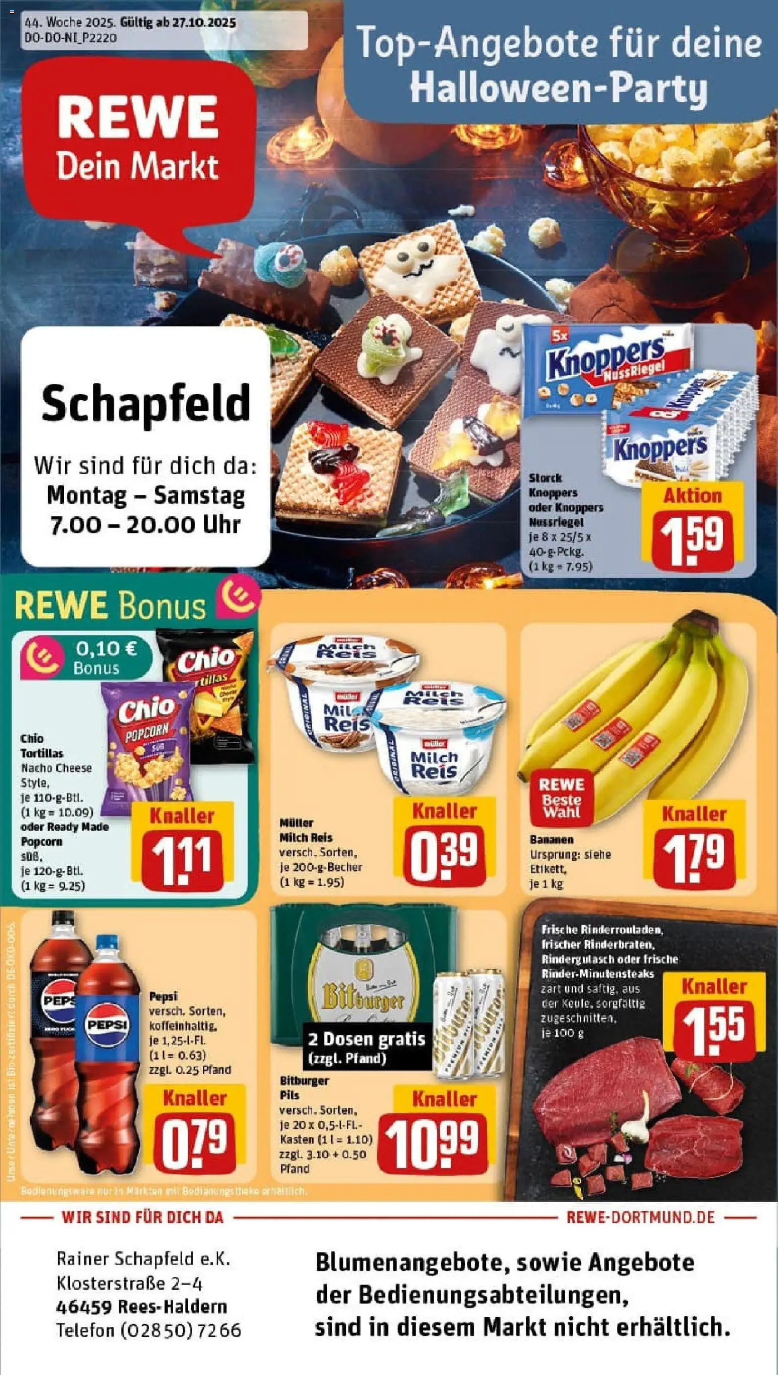 Rewe prospekt Rees	 – gültig ab 26.10.2025 | Seite: 1 | Produkte: Bitburger, Pils, Bananen, Chio tortillas