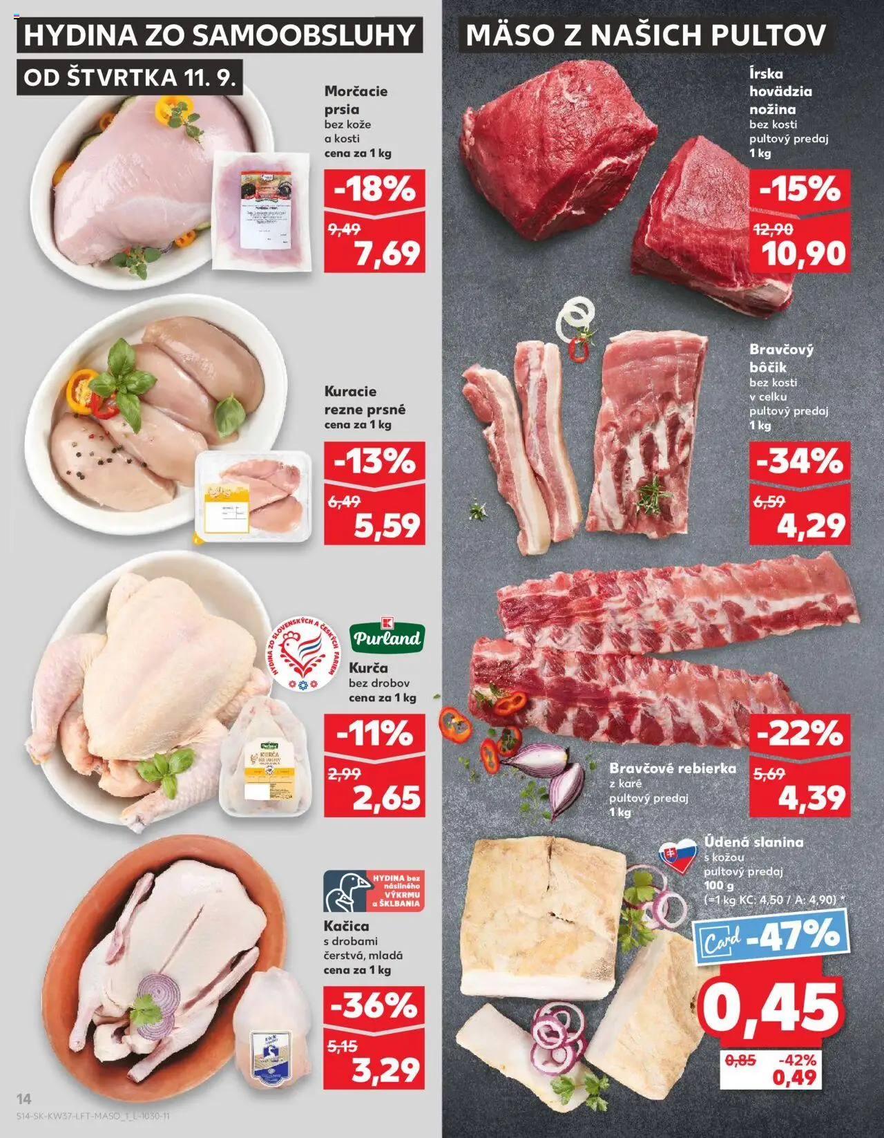 Nové Kaufland akcie – leták je platný od 11.09.2025 | Strana: 14 | Produkty: Slanina, Bravčový bôčik, Kuracie rezne, Kurča