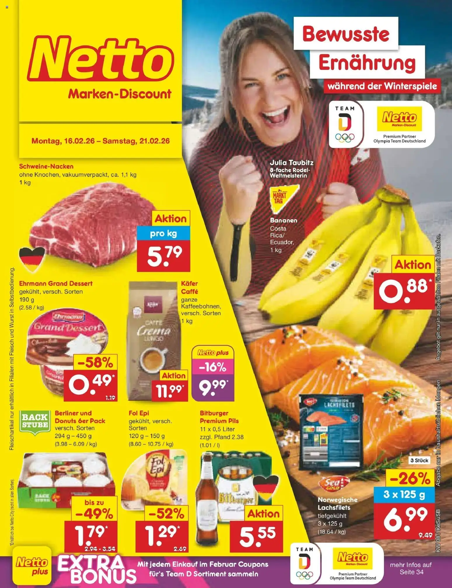 Netto Marken-Discount prospekt Kruft	 – gültig ab 16.02.2026 | Seite: 1 | Produkte: Berliner, Ehrmann grand dessert, Donuts, Wurst