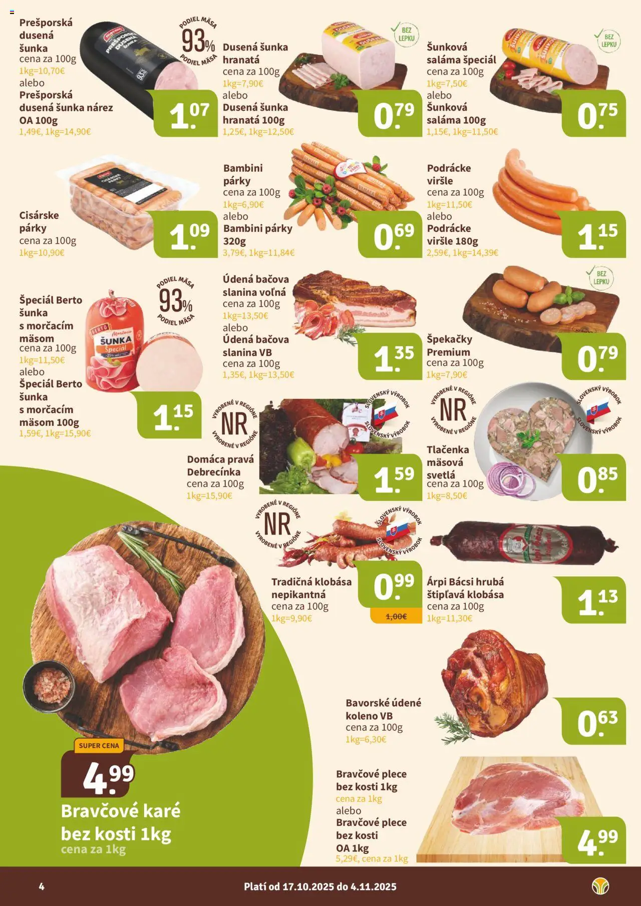 Nové Nitrazdroj akcie – leták je platný od 17.10.2025 | Strana: 4 | Produkty: Saláma, Slanina, Párky, Svetlá