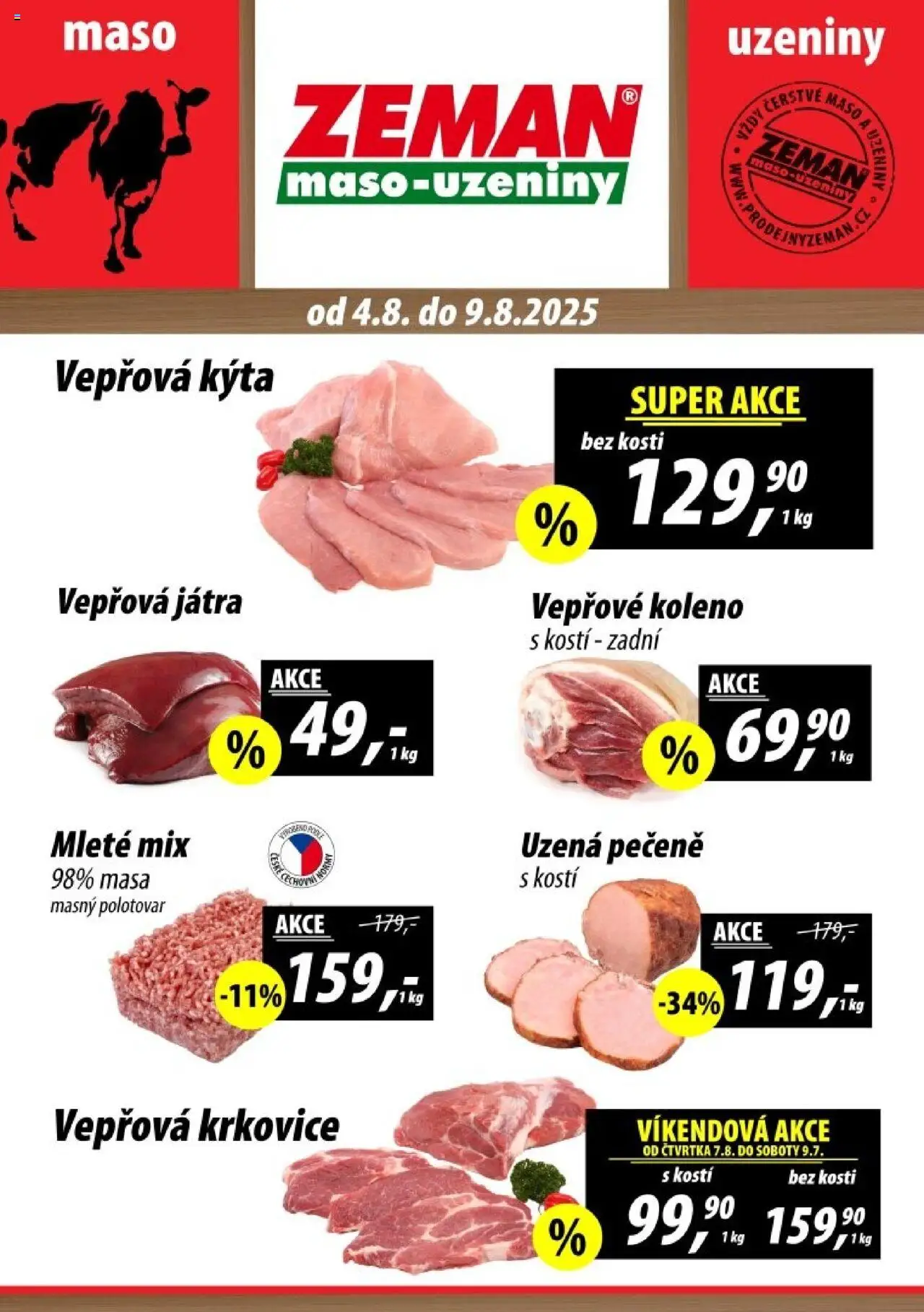 Prodejny Zeman leták - Dačice od 04.08.2025 | Strana: 1 | Produkty: Vepřové koleno, Uzeniny, Krkovice, Kýta