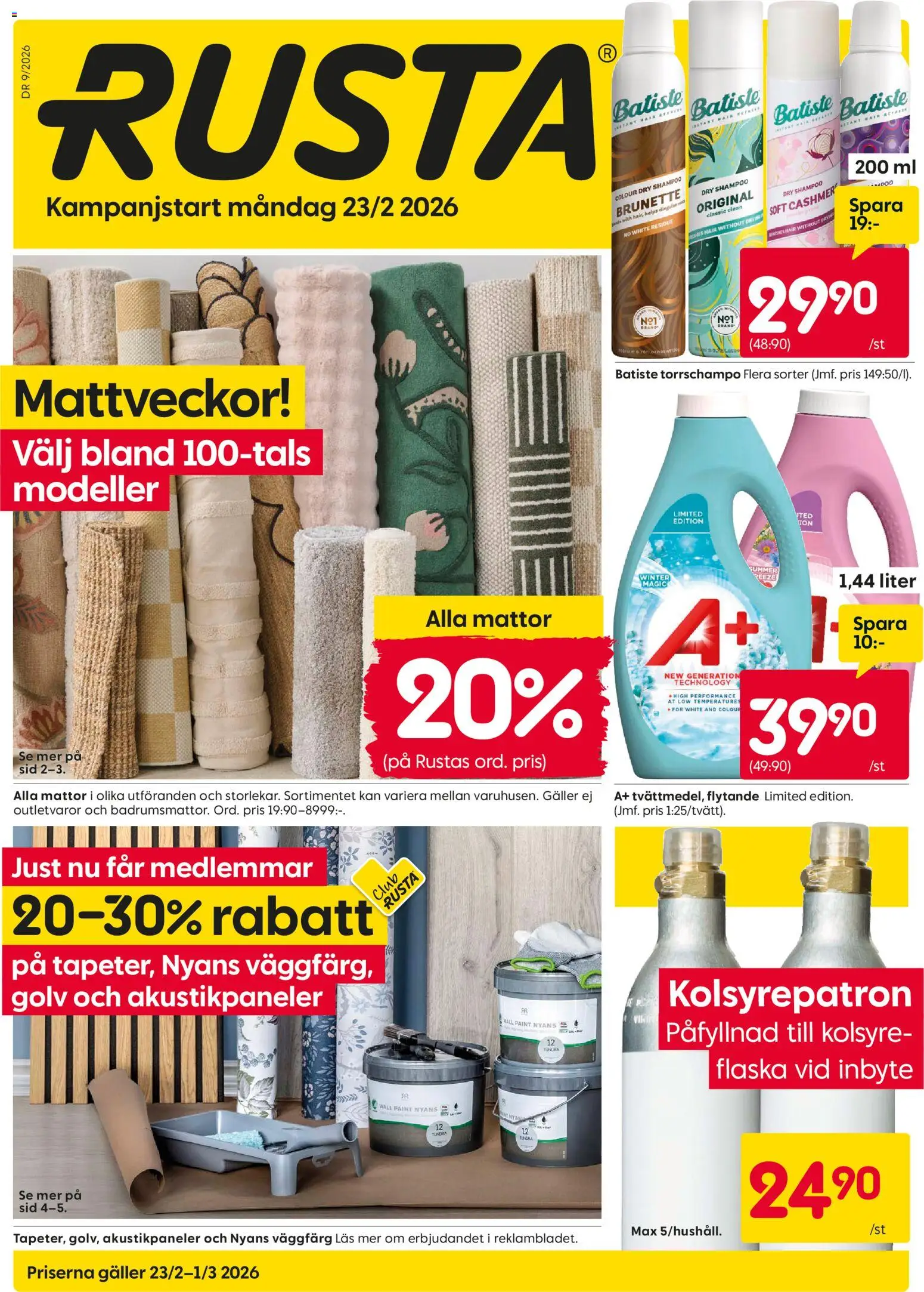 Rusta reklamblad aktuell från 23.02.2026 | Sida: 1 | Produkter: Galler, Kolsyrepatron, Torrschampo