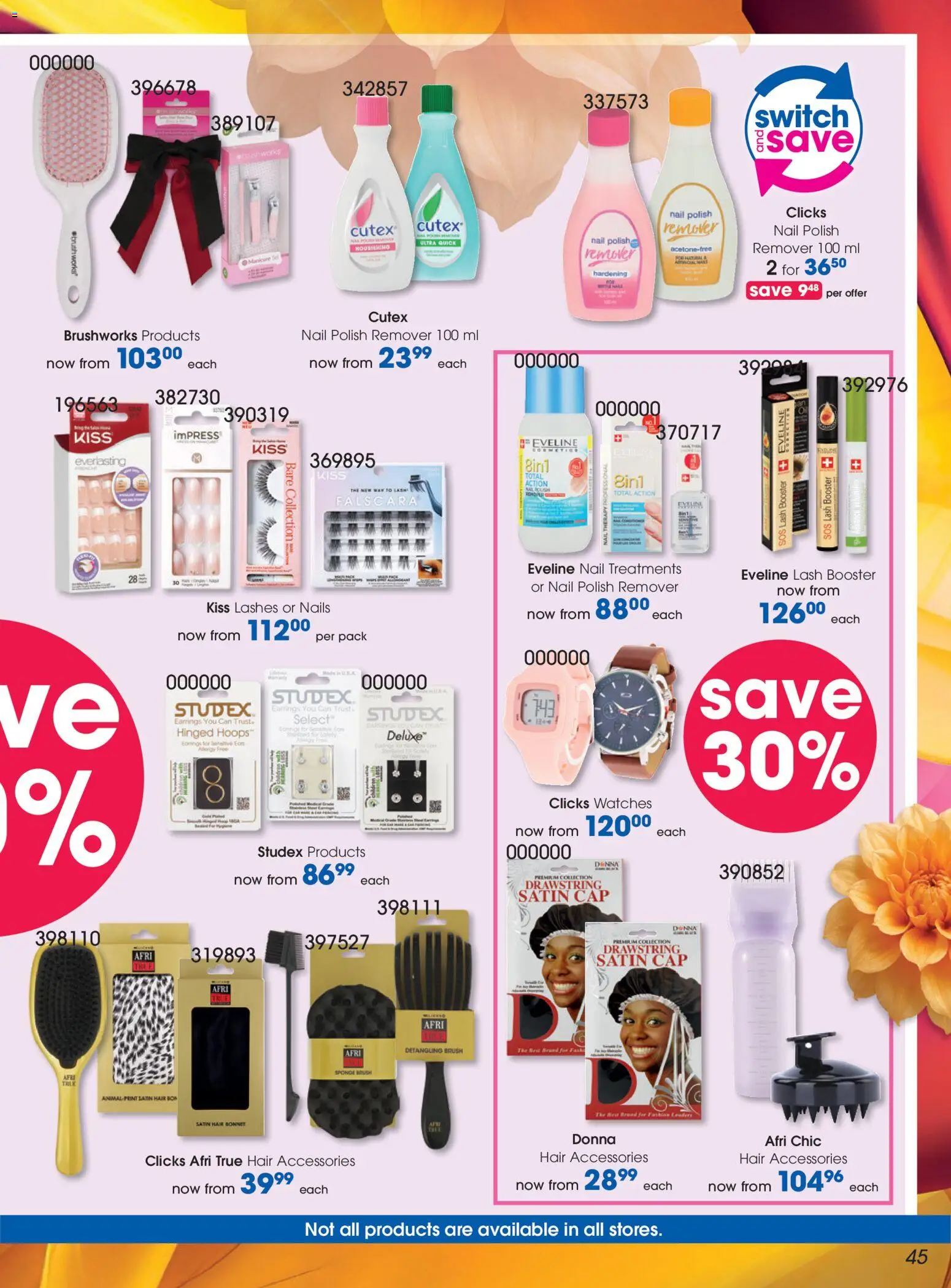 New Clicks catalogue – valid from 25.03.2026 | Page: 45 | Products: Earrings, Bread, Brush, Cutex