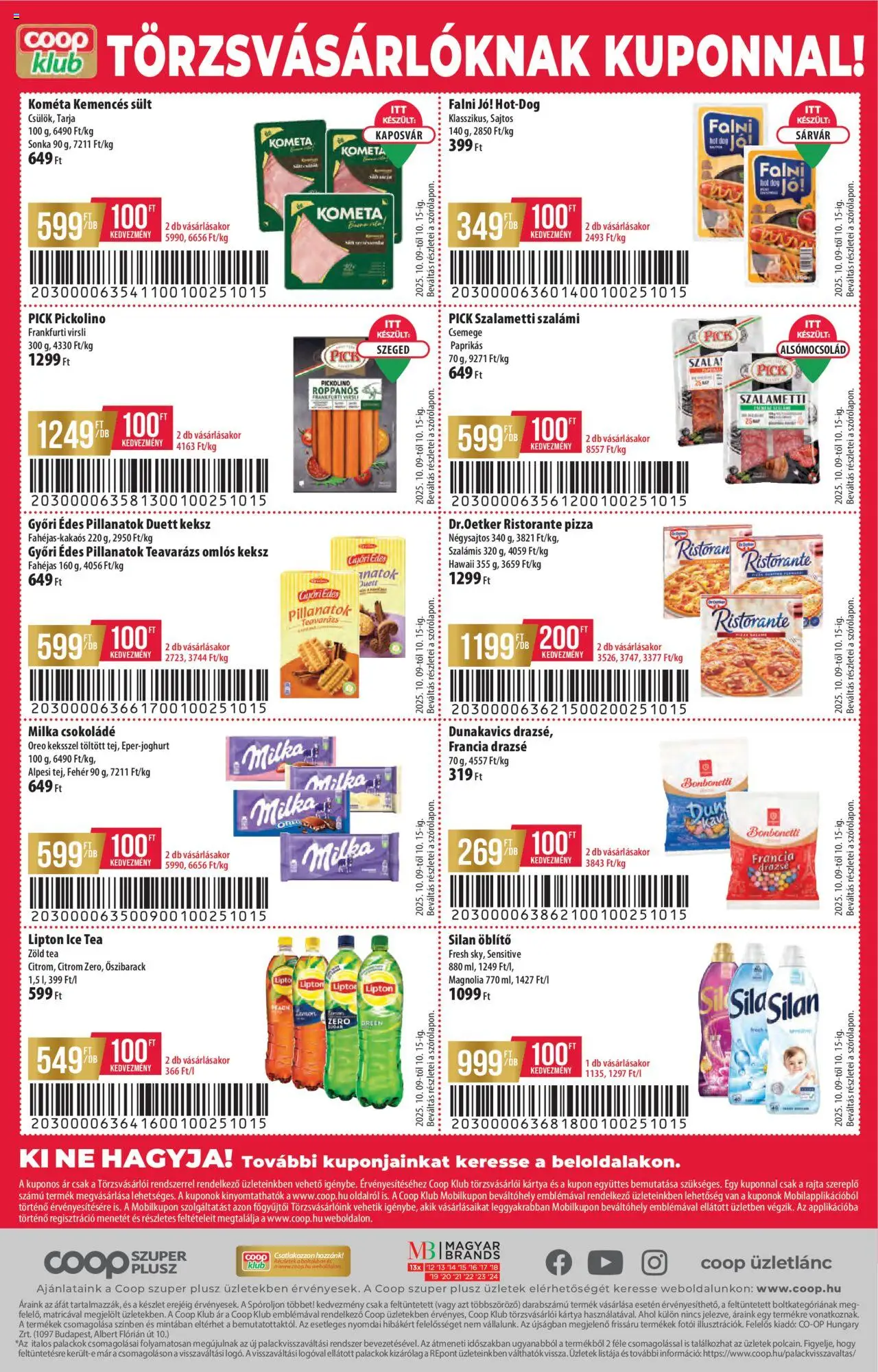 COOP akciós ujság - amely érvényes a következő dátumtól: 09.10.2025 | Oldal: 12 | Termékek: Virsli, Hot dog, Pick, Szalámi