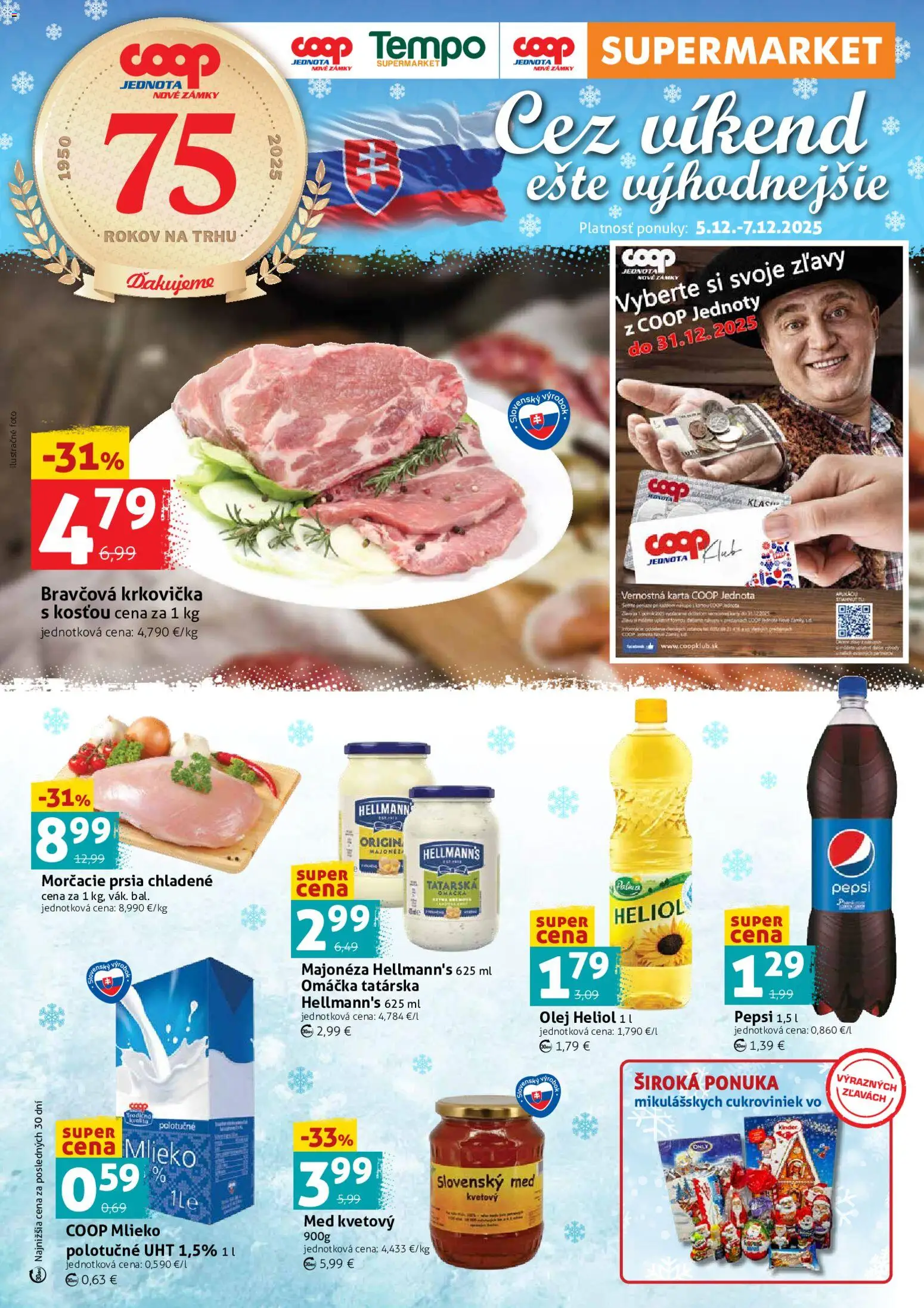 Nové COOP Jednota akcie – leták je platný od 05.12.2025 | Strana: 1 | Produkty: Bravčová krkovička, Krkovička, Pepsi, Med