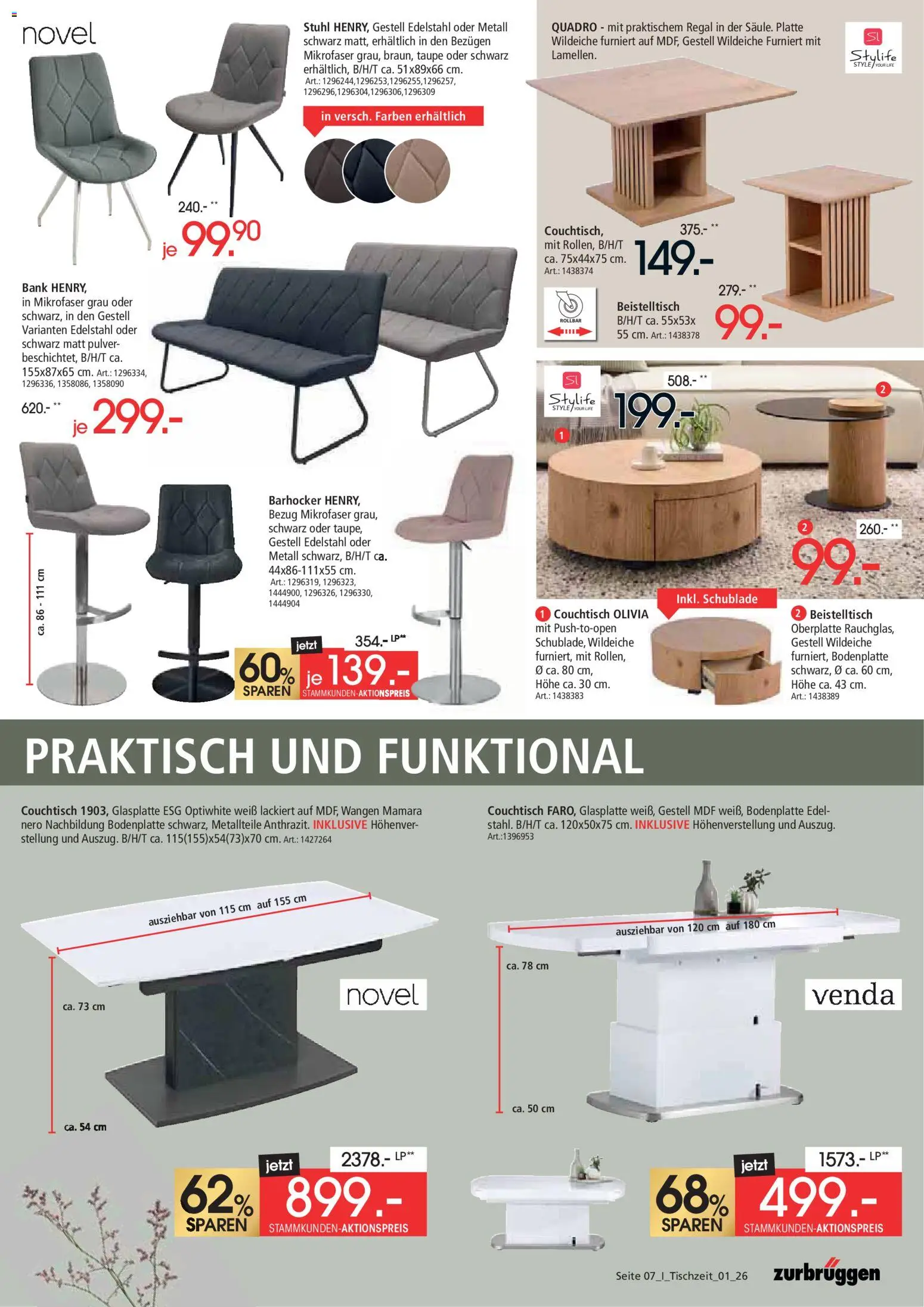 Zurbrüggen Tischzeit – gültig ab 02.03.2026 | Seite: 7 | Produkte: Beistelltisch, Barhocker, Couchtisch, Stuhl