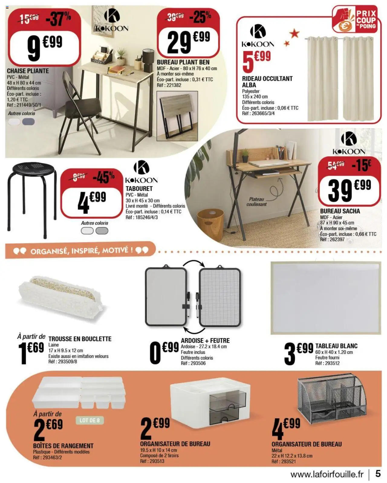  | Page: 5 | Produits: Plateau, Chaise pliante, Tiroirs, Livre